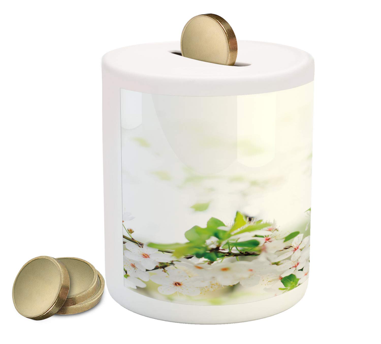 Ambesonne Ceramic Piggy Bank with White Spring Blossoms - Floral Tree Branch Design for Cash & Coin Saving | Perfect Gift for Kids, Home Decor, and Spring Themed Parties (White & Green)