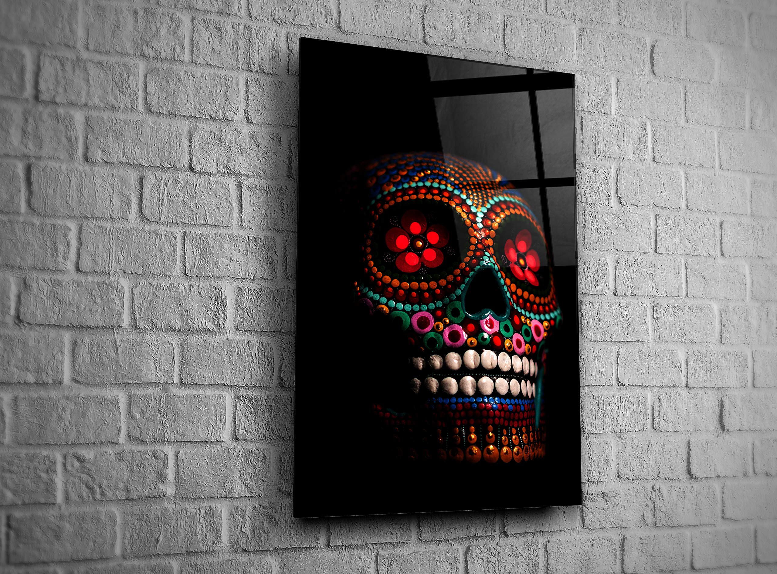 Stylish Skull Glass Wall Art - Dia De Los Muertos Decor - Unique Gift for Home, Office & Hotel - Modern Gothic Artwork (24x36) - Perfect for Halloween, Day of the Dead Celebrations & Gothic Interior Design