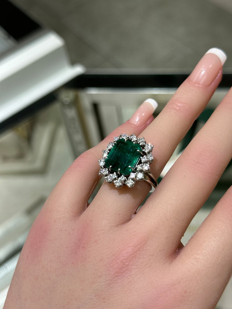 10.40tcw Natural Dark Deep Sea Green Vintage Emerald Cut Double Diamond 8 Prong Halo Ring - Elegant Wedding, Engagement & Anniversary Jewelry Gift for Women