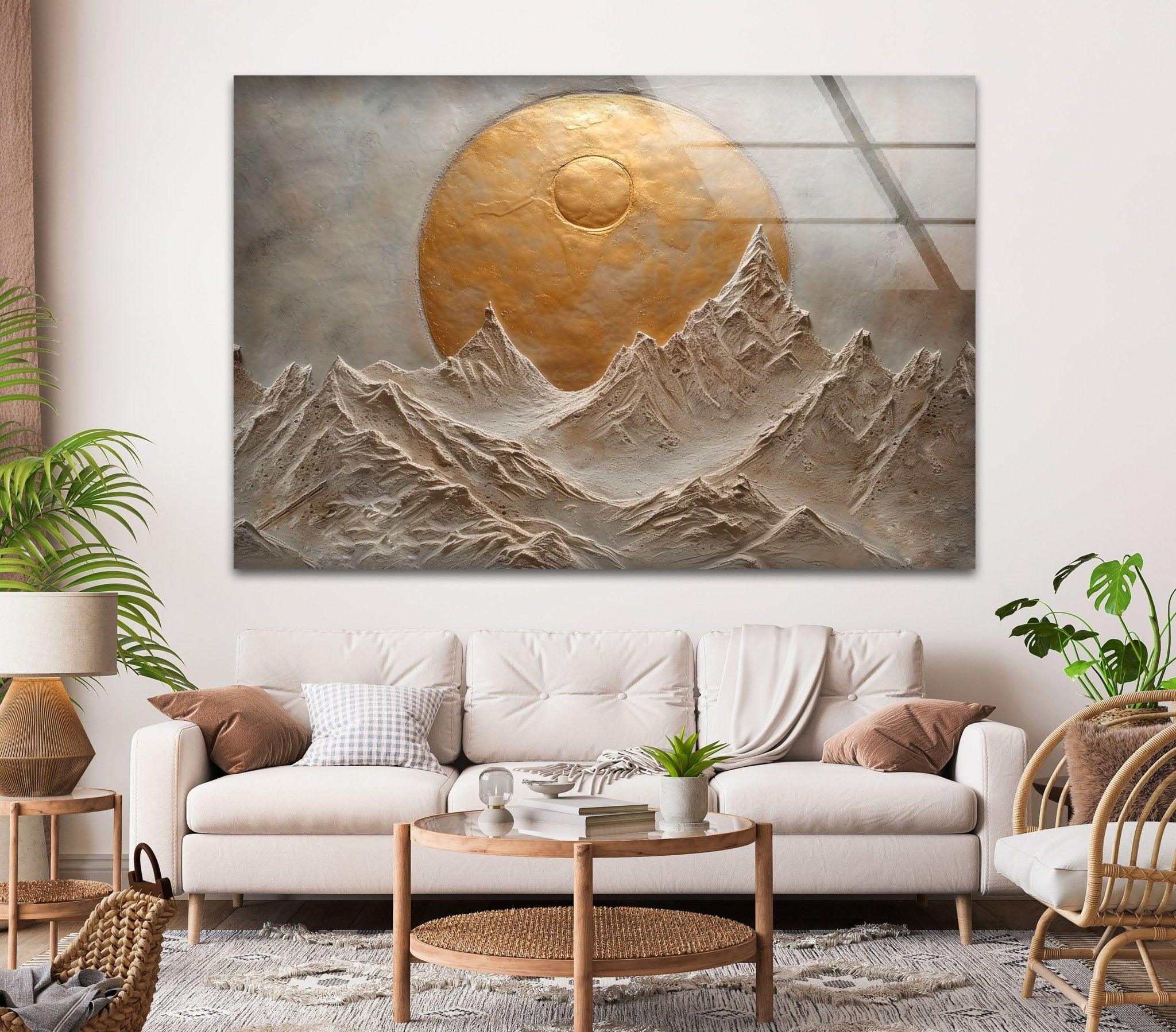 Abstract Mountain Golden Glass Wall Art - Modern Home Decor for Living Room, Bedroom & Office - Elegant Handmade Glass Painting for Gifts & Interior Design