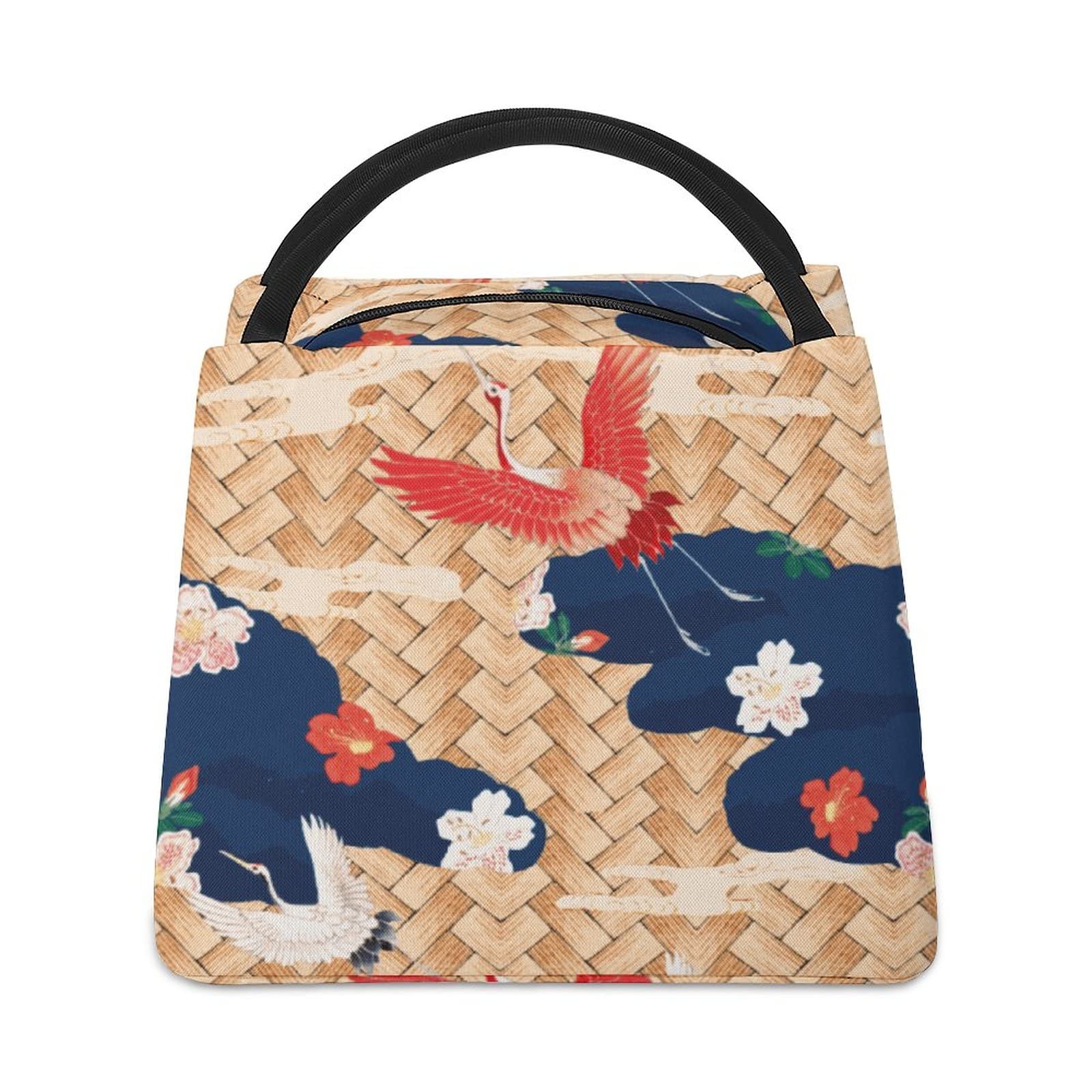 Insulated Lunch Tote Bag for Women - Thermal Work Meal Bag with Aluminum Lining | Printed Crane Flower Cloud Design | Perfect for Office, School, Picnics & Commuting