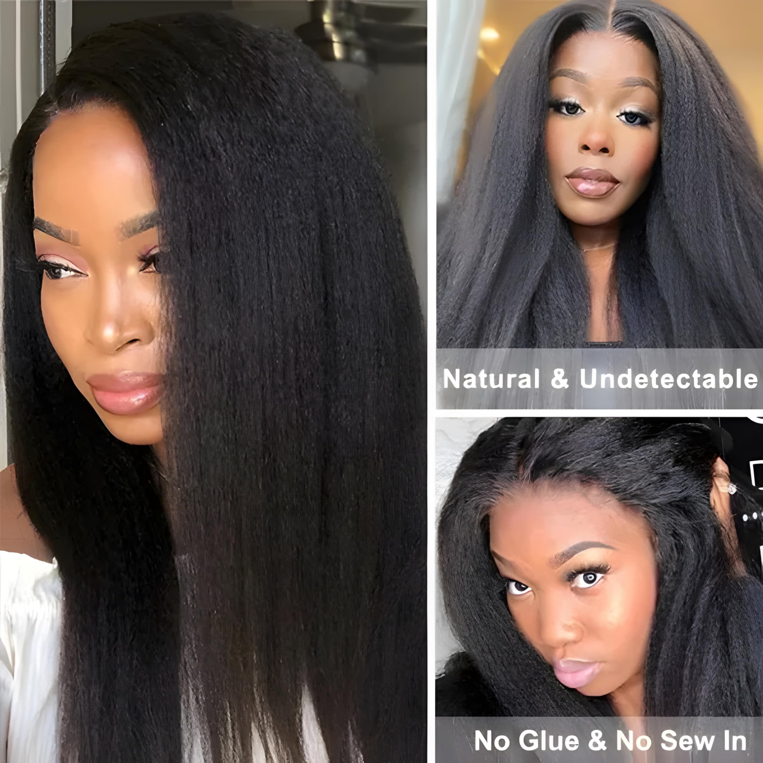 V Part Wig Human Hair - Kinky Straight & Yaki Straight Clip-In Half Wigs for Black Women | Glueless No Leave Out 180% Density | 16 Inch Natural Color | Perfect for Daily Wear, Special Occasions & Protective Styling