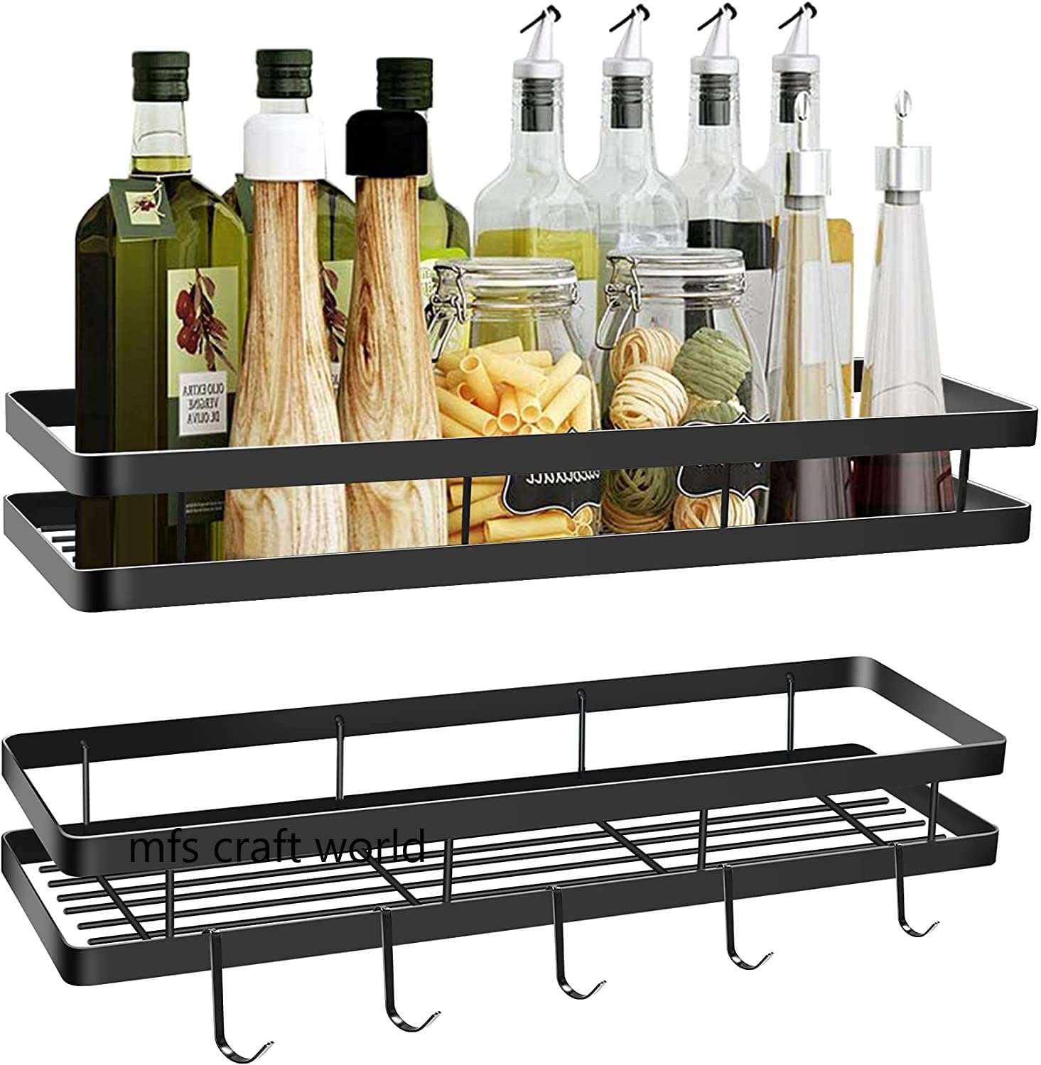 MFS Craft World 2-Pack Spice Rack Organizer Set - Wall Mounted & Cabinet Storage Shelf for Kitchen, Countertop - Space Saving Spice Shelf for Pantry Organization (Black, Carbon Steel) - Perfect for Small Kitchens & Apartment Living