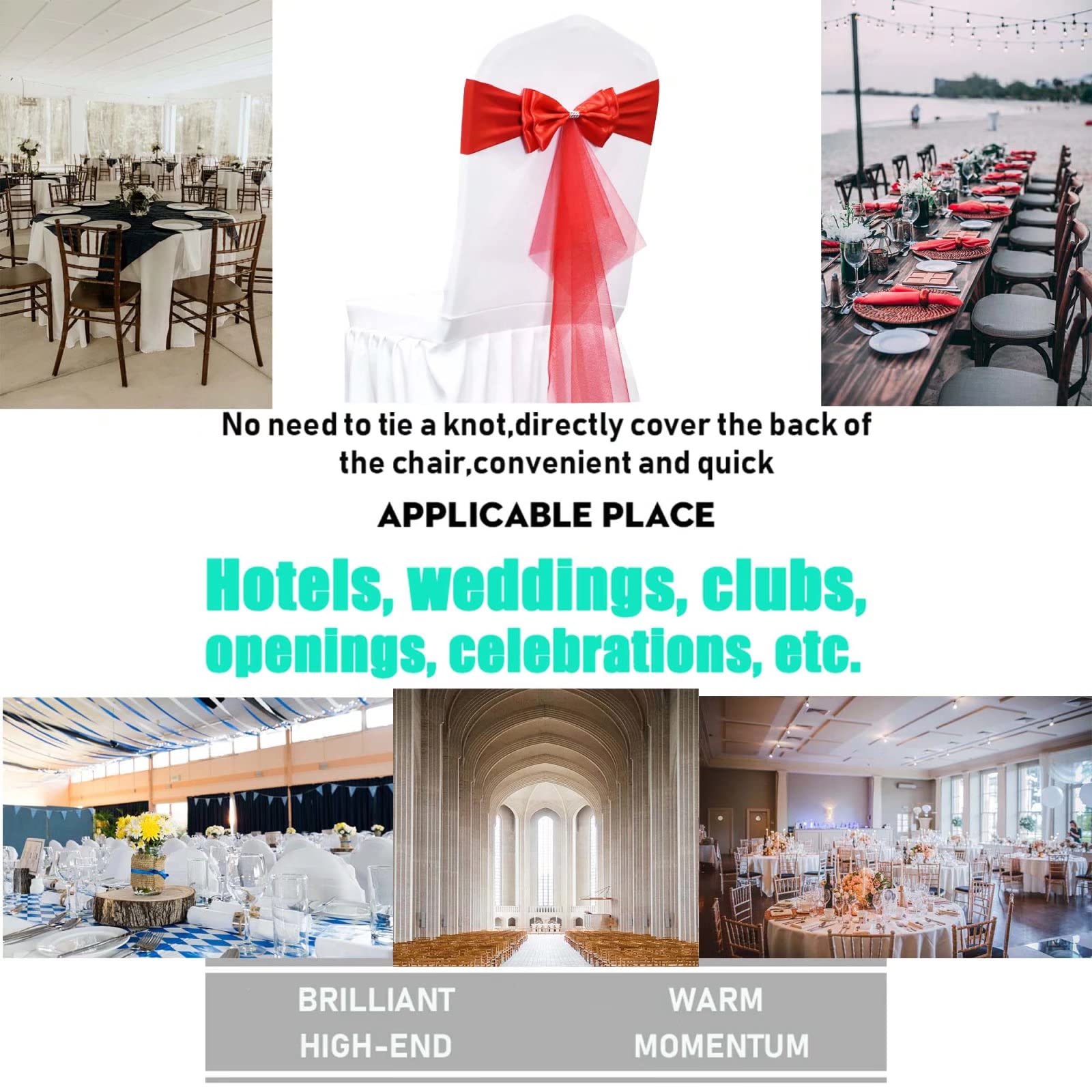 Stretch Spandex Chair Sashes - 100 Pcs Red Polyester Chair Ribbons & Bows for Wedding, Banquet, Party & Hotel Decorations - Perfect for Table Setting, Chair Back Decor, and Event Styling