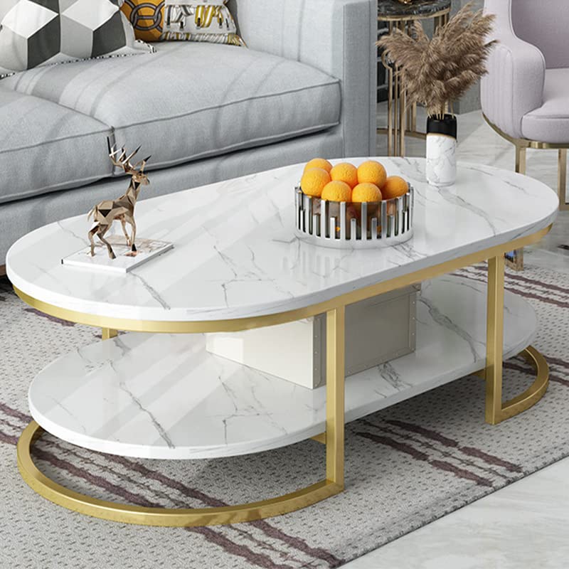 Modern Oval Faux Marble Coffee Table with Gold Metal Frame - Living Room Center Table with Storage Shelf - Cocktail Table for Small Spaces - 18