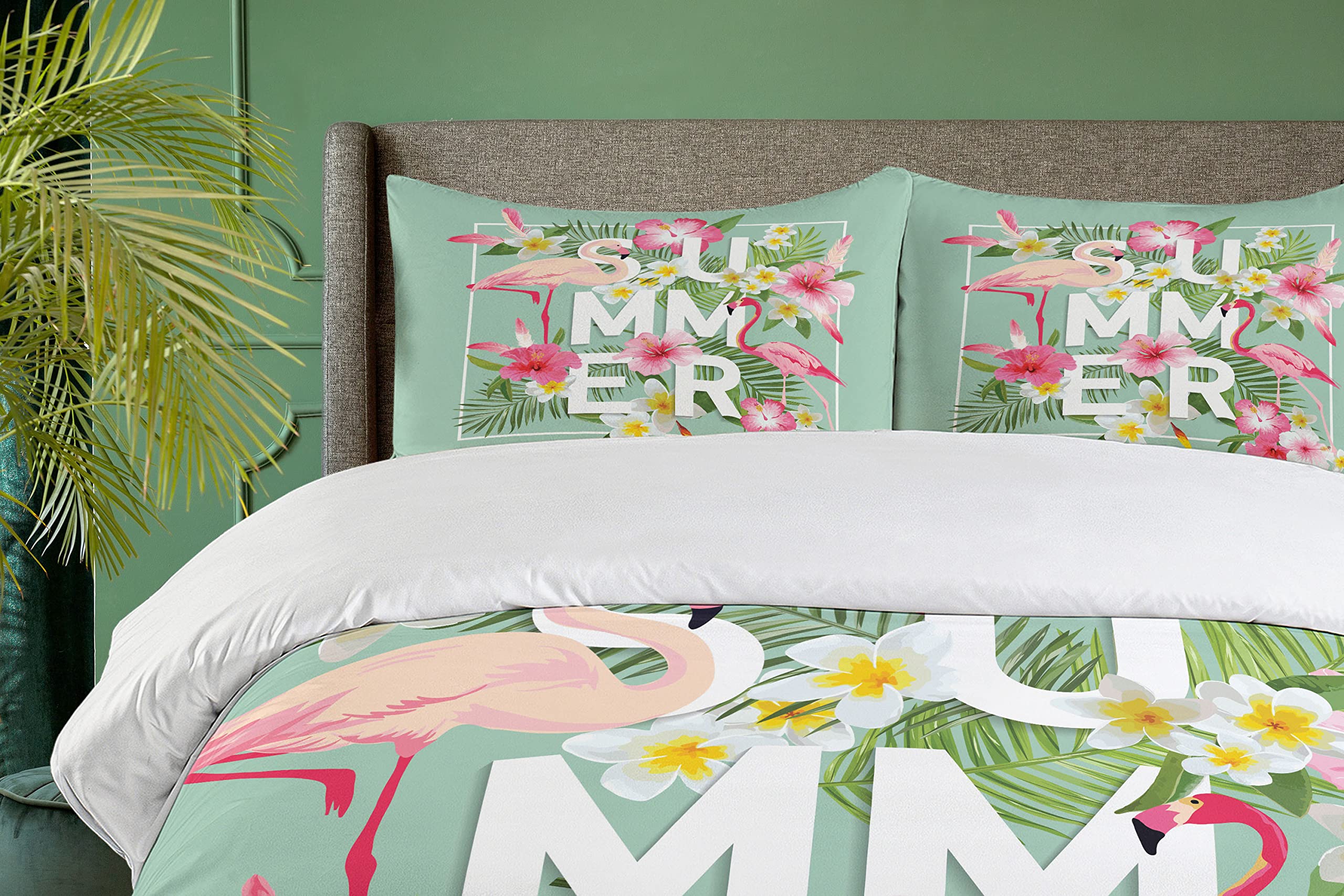 Ambesonne Floral Duvet Cover Set | Tropical Flower & Flamingo Print 3-Piece Bedding | California King Size Mint Green & Pink | Retro Wedding Decor, Bohemian Bedroom, Guest Room Styling