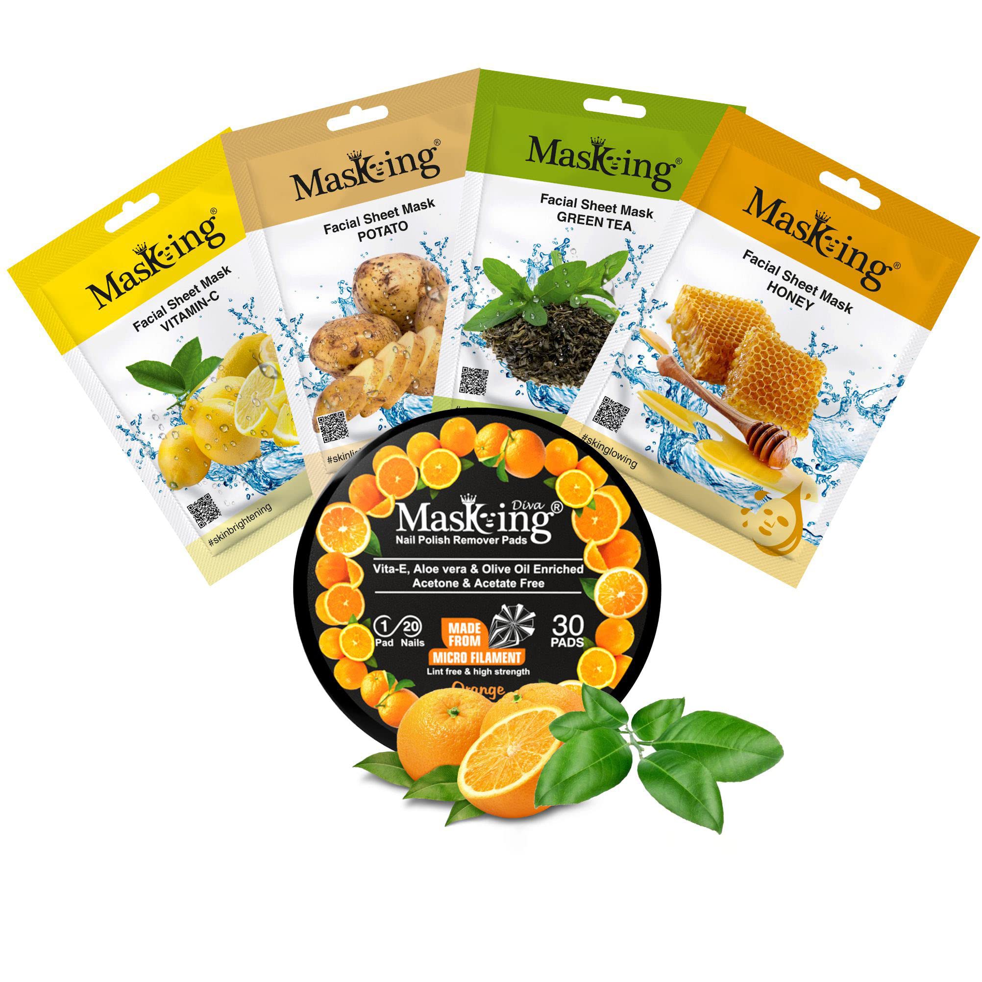 MasKing Beauty Facial Sheet Mask Set - Lemon, Potato, Green Tea & Honey Extract Combo Pack (4 Masks) | Diva Orange Nail Polish Remover with 30 Round Pads - Hydrating & Nourishing for All Skin Types | Perfect for Spa Day, Self-Care Routine & Travel Essentials