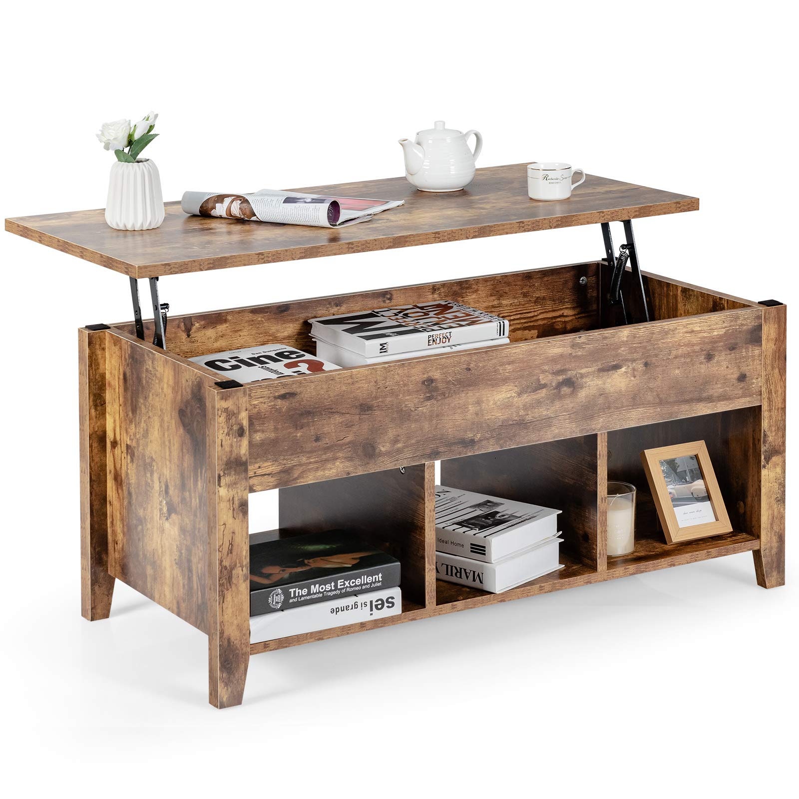 POWERSTONE Lift Top Coffee Table with Hidden Storage & 3 Open Shelves - Modern Convertible Dining Table for Living Room, Office & Reception Area (Tan) | Perfect for Small Spaces, Entertaining & Home Organization