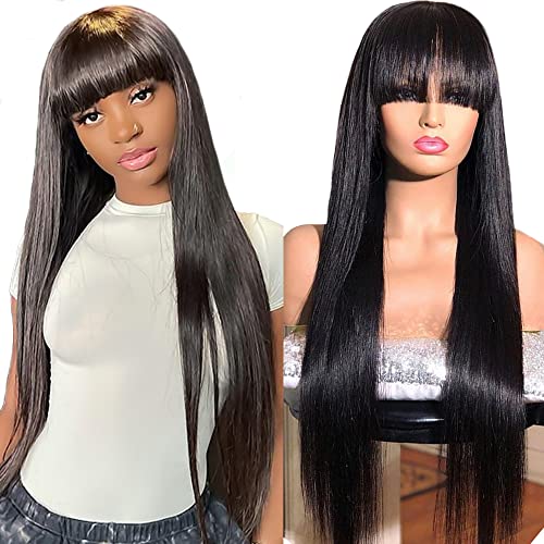 Brennas Glueless Brazilian Straight Human Hair Wig with Bangs - 100% Unprocessed Virgin Hair Lace Front Wig for Black Women (150% Density, Natural Black, 26 Inch) - Perfect for Daily Wear, Special Occasions & Protective Styling