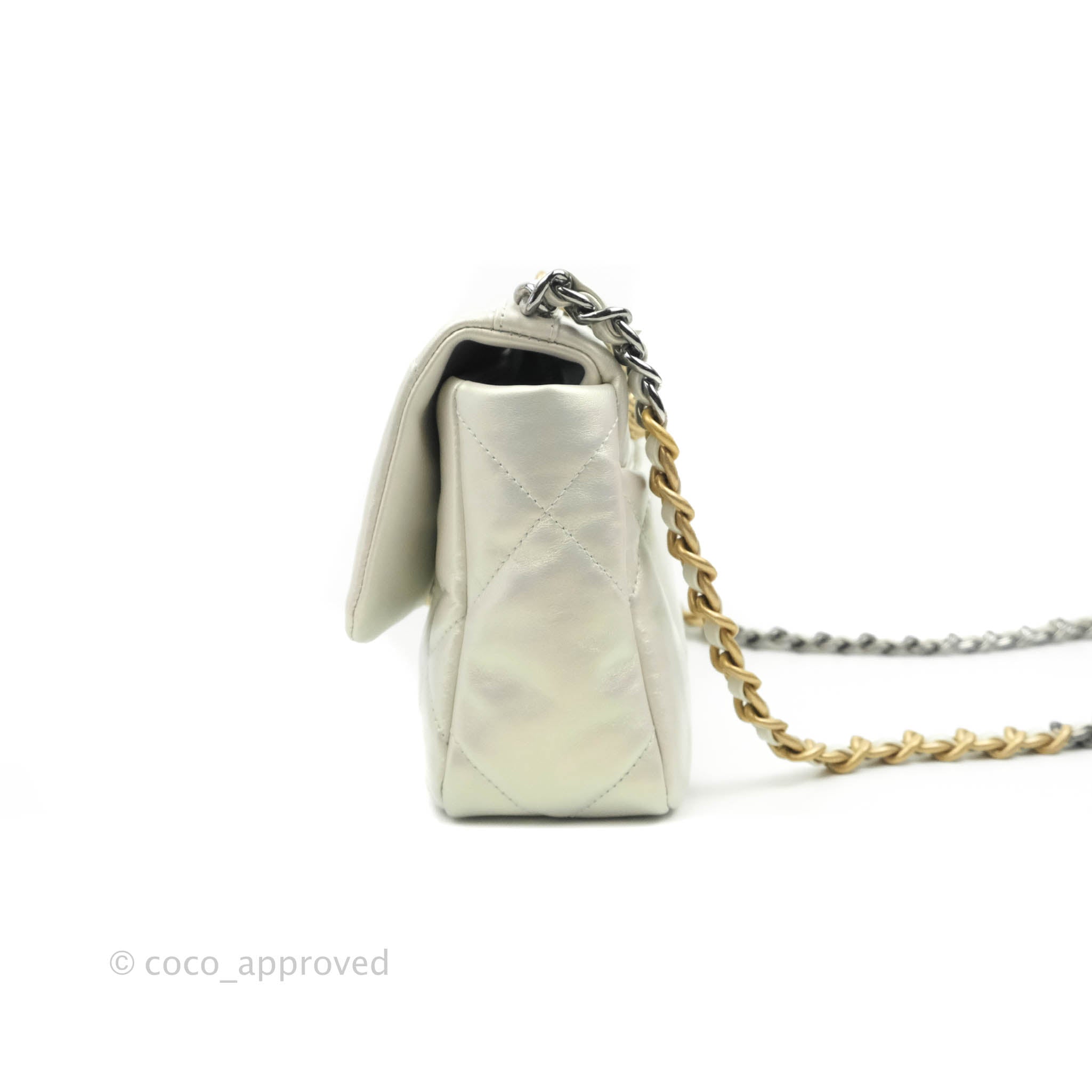 Chanel 19 Small Iridescent White Leather Flap Bag with Mixed Hardware - Perfect for Evening Events & Luxury Fashion Accessories