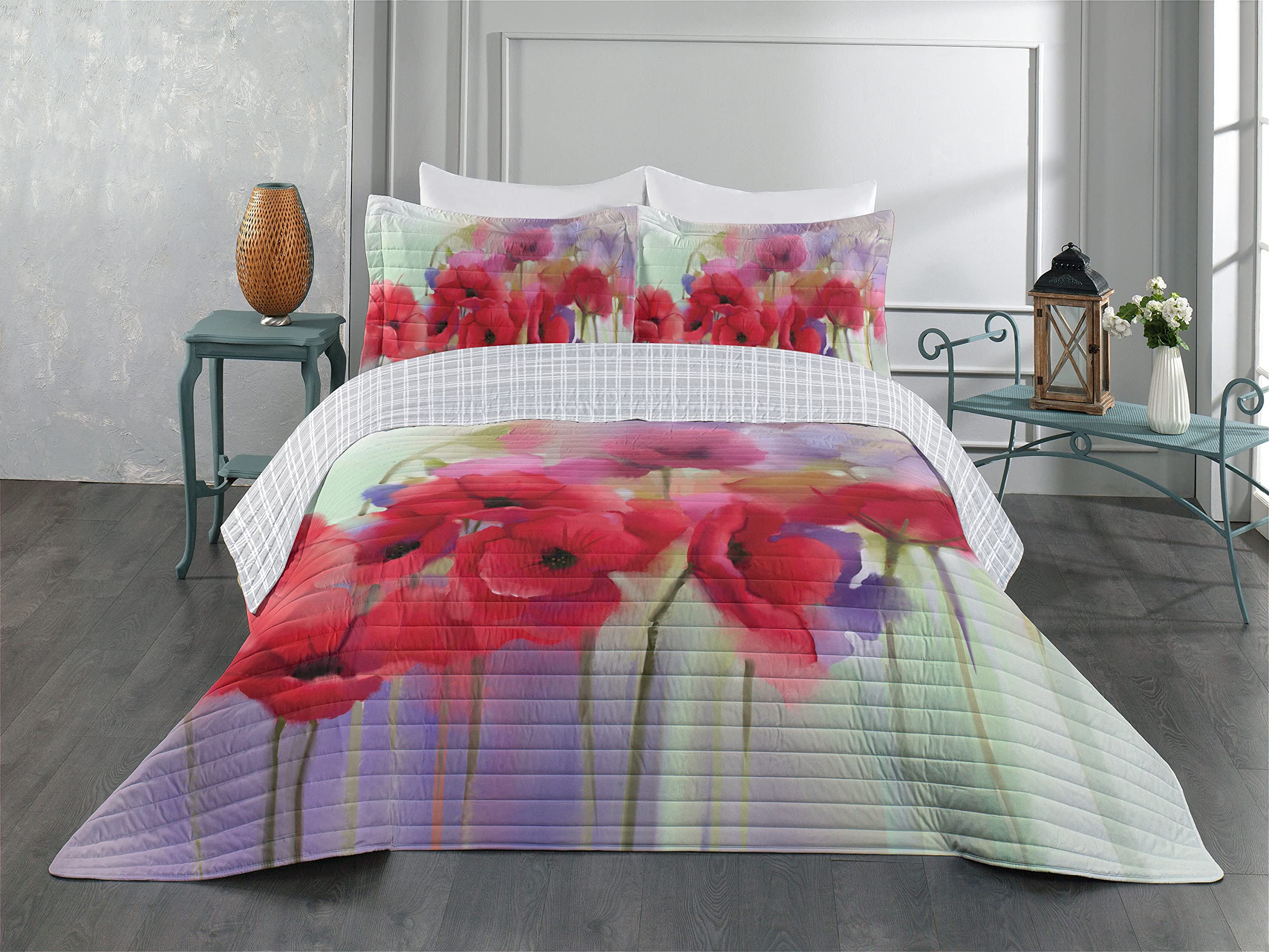 Ambesonne Reversible King Size Bedspread Set - Poppy Flowers Spring Floral Print Microfiber Comforter with Pillow Shams (Lavender Red) | Romantic Bedroom Decor, Seasonal Home Upgrade