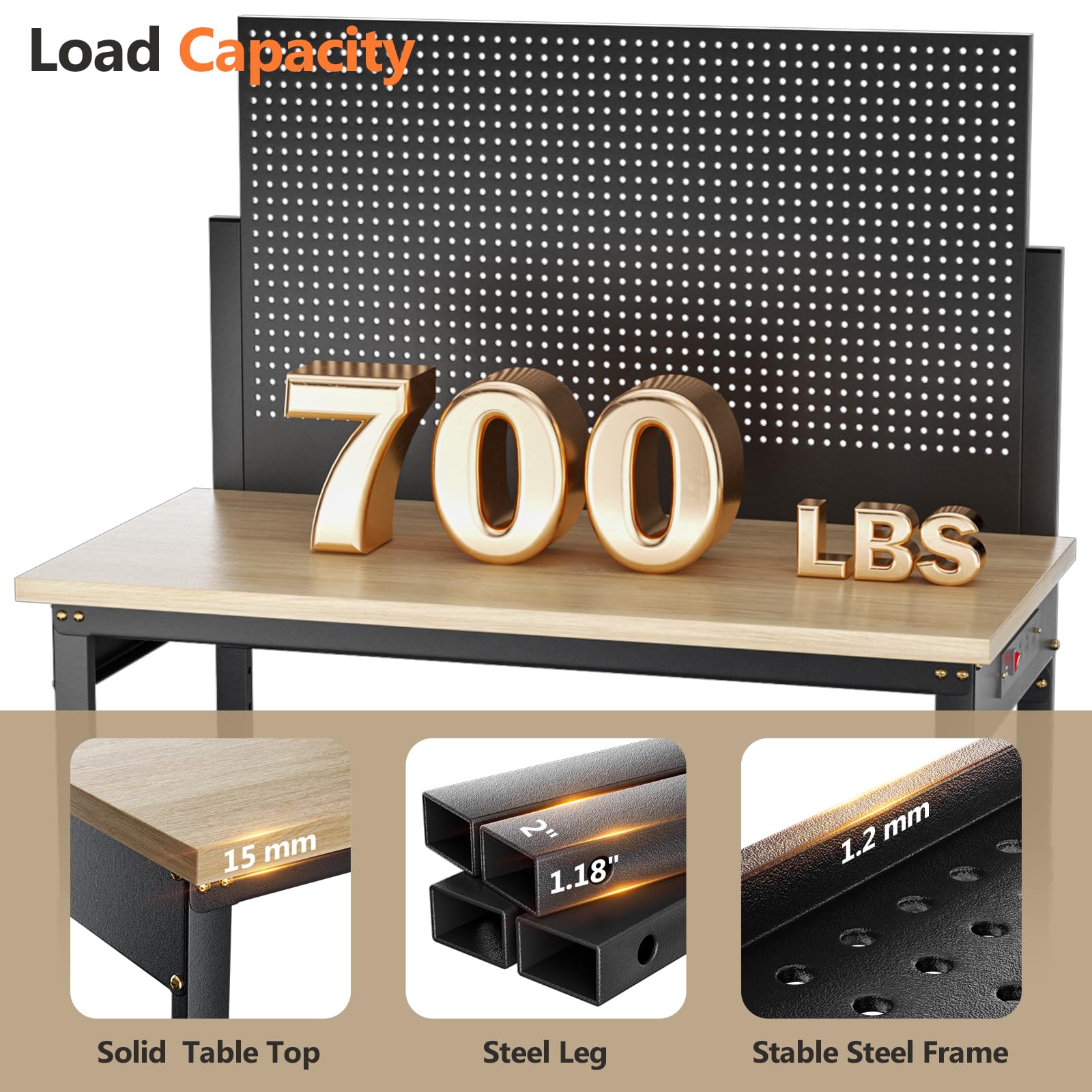Heavy Duty Adjustable Height Workbench with Pegboard & Power Outlets - 47.2