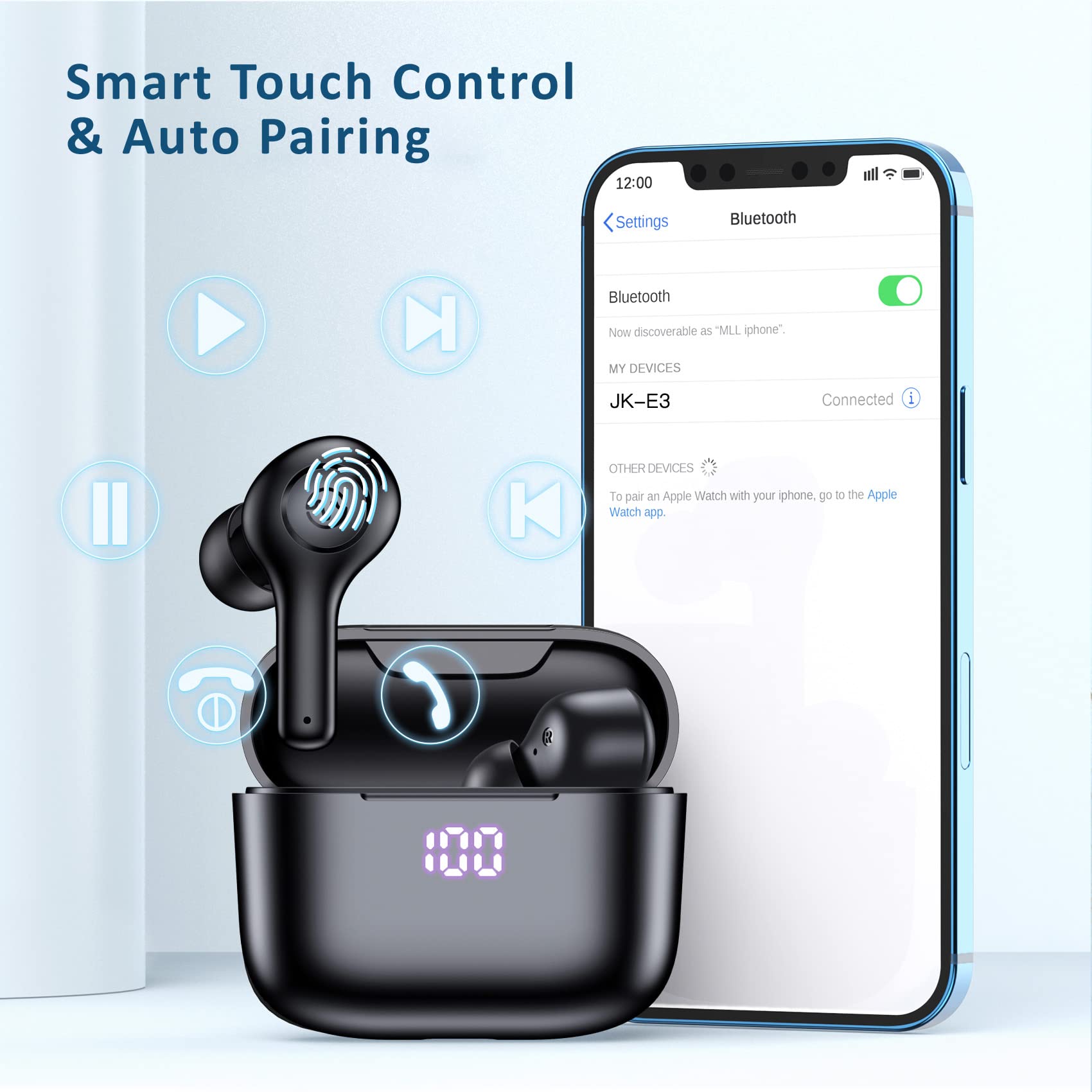 Wireless Bluetooth Earbuds with 50H Playback, IPX7 Waterproof, Wireless Charging Case & LED Power Display - Stereo Sound, Built-in Mic for Clear Calls - Perfect for Workout, Running, Home Office & Travel
