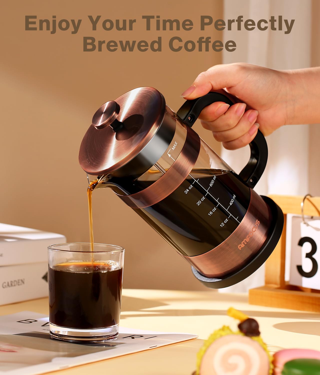 Premium French Press Coffee Maker - 34oz Stainless Steel Coffee Press with 4-Stage Filtration, Heat-Resistant Borosilicate Glass - Ideal for Home, Office, Camping & Travel Gifts