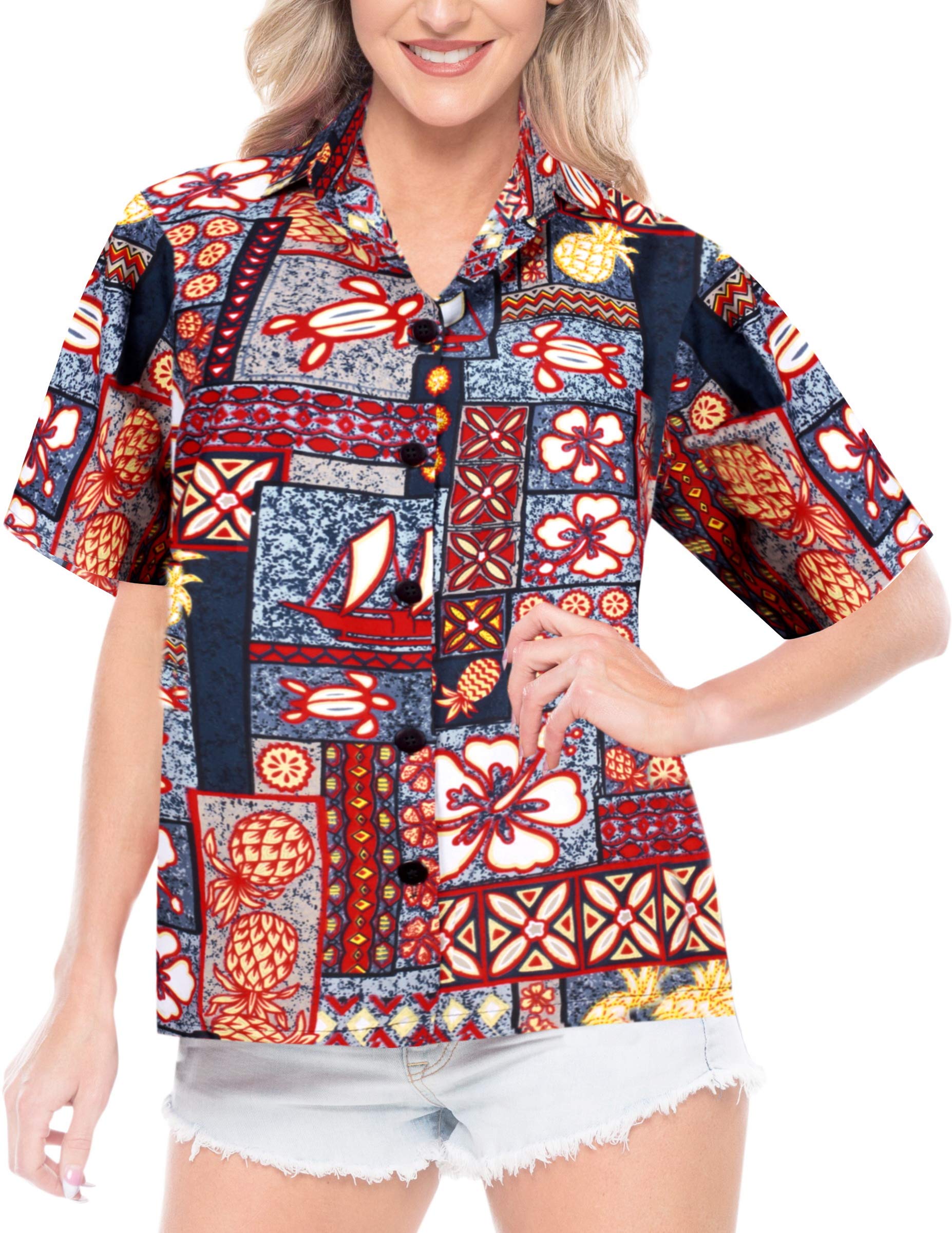 LA LEELA Women's Hawaiian Short Sleeve Blouse - Floral Beach Shirt for Summer Vacation, Pool Party & Tropical Getaway
