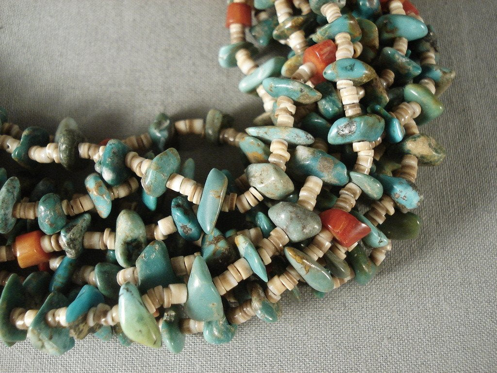 156g Navajo Native American Jewelry - Natural Green Turquoise Coral Tight Braid Necklace | Handmade Southwest Style Jewelry for Women, Boho Fashion Accessory, Gift for Her