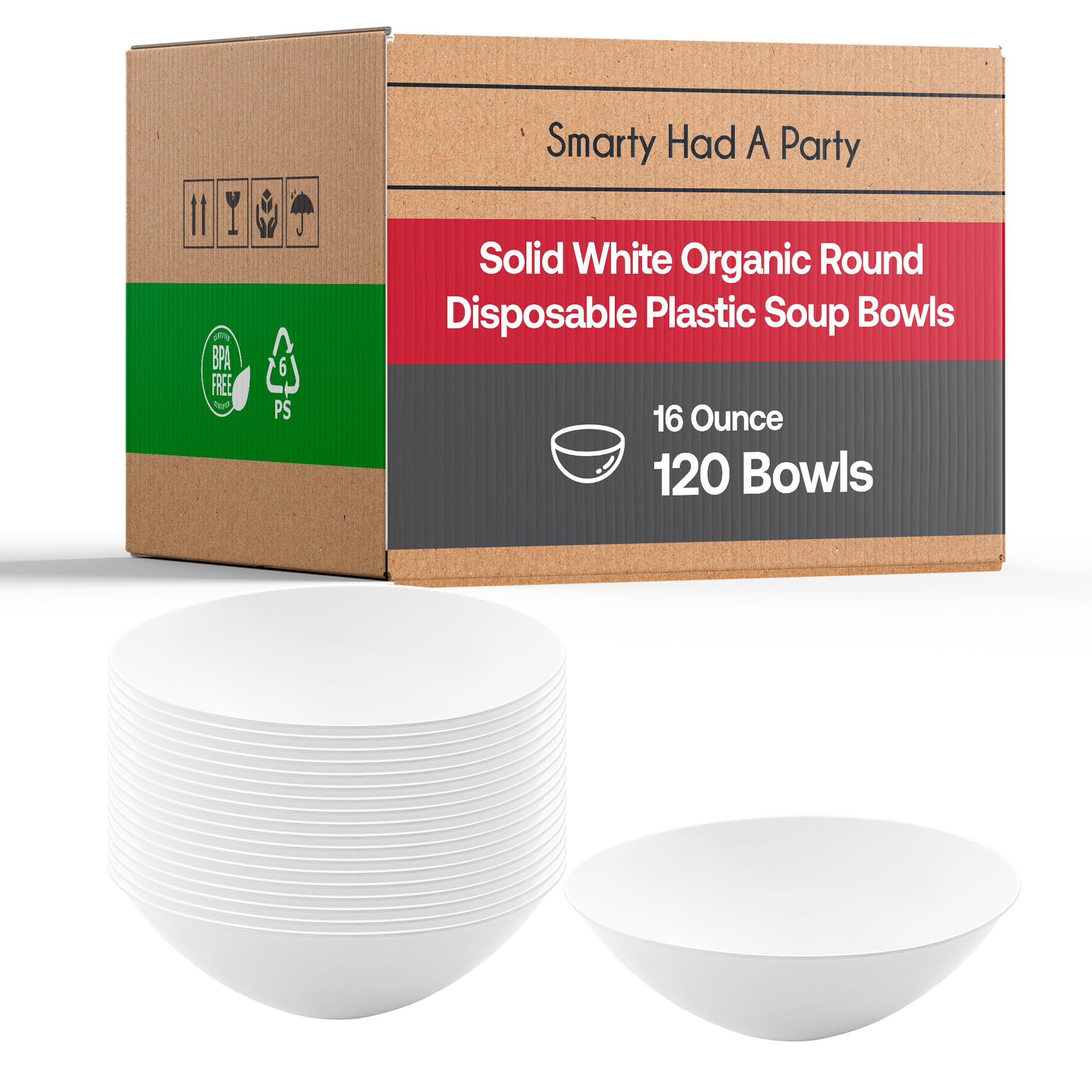 Eco-Friendly Disposable Plastic Plates with Elegant Rim Design - Bulk Round Dinnerware for Wedding, Birthday Party & Special Events (White, 16oz Soup Bowls, Pack of 120) - Perfect for Catering, Picnics & Outdoor Gatherings