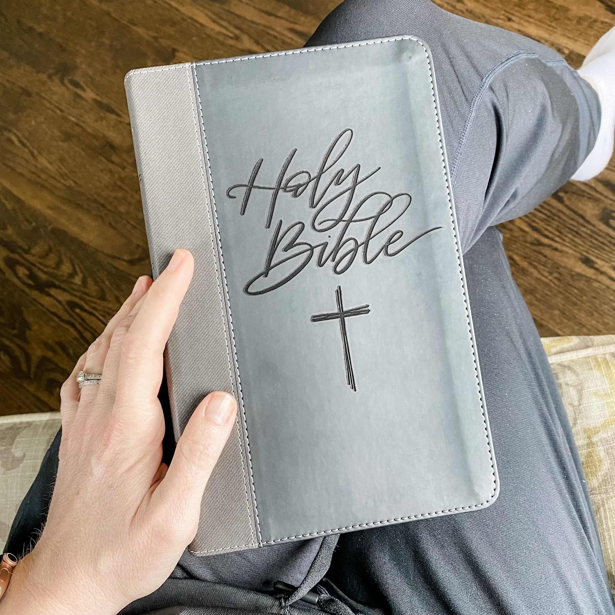 Personalized NIV Black/Gray Leathersoft Bible with Hand Lettering & Laser Engraving - Custom Name Engraving Available - Perfect Gift for Wedding, Baptism, Graduation, Birthday - Ideal for Church, Bible Study & Daily Devotion