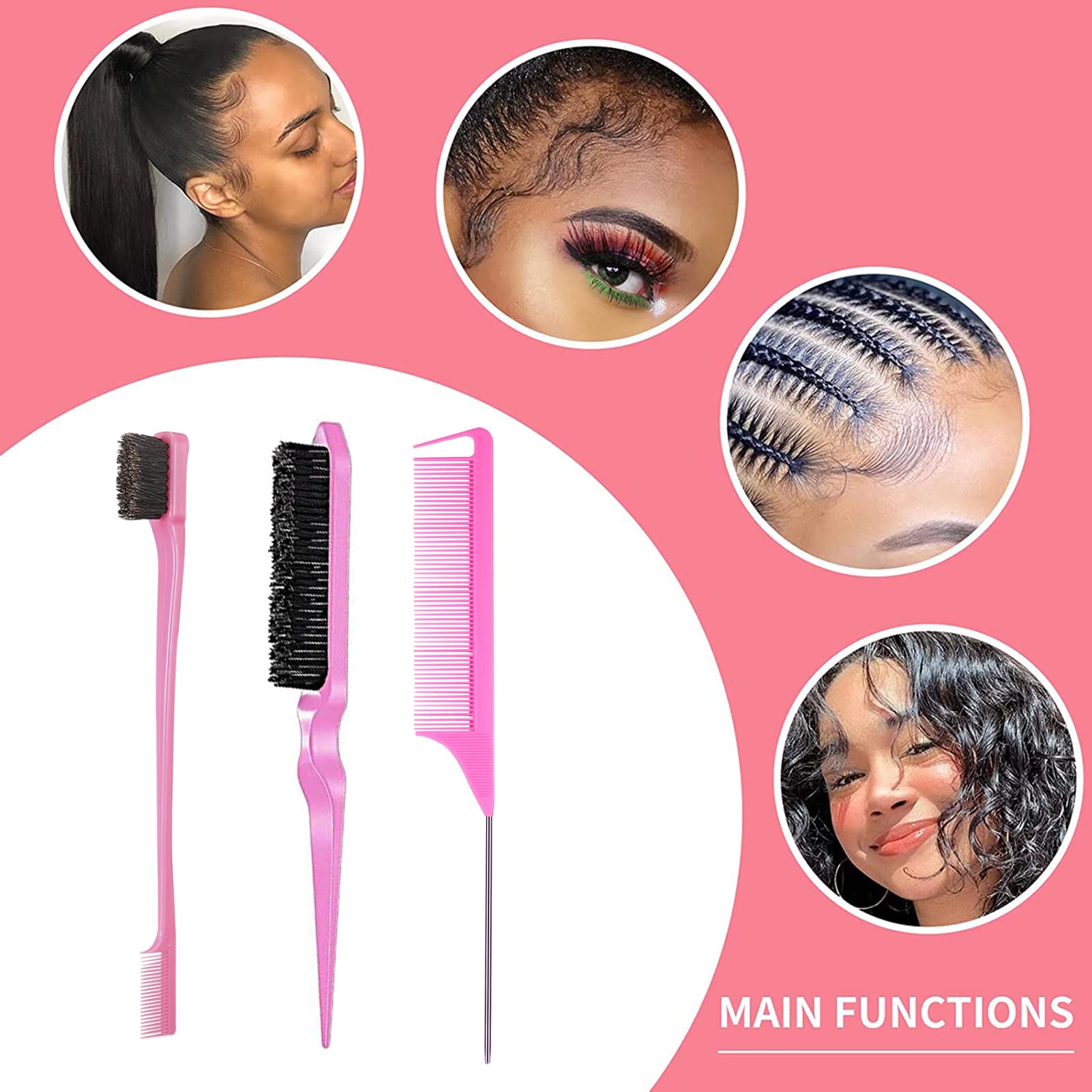 3-Piece Hair Styling Comb Set - Teasing Brush, Rat Tail Comb & Edge Brush for Smoothing, Detangling & Styling - Perfect for Women's Hair Care, Updos & Edge Control (Pink) - Salon Quality Tools for Home & Professional Use