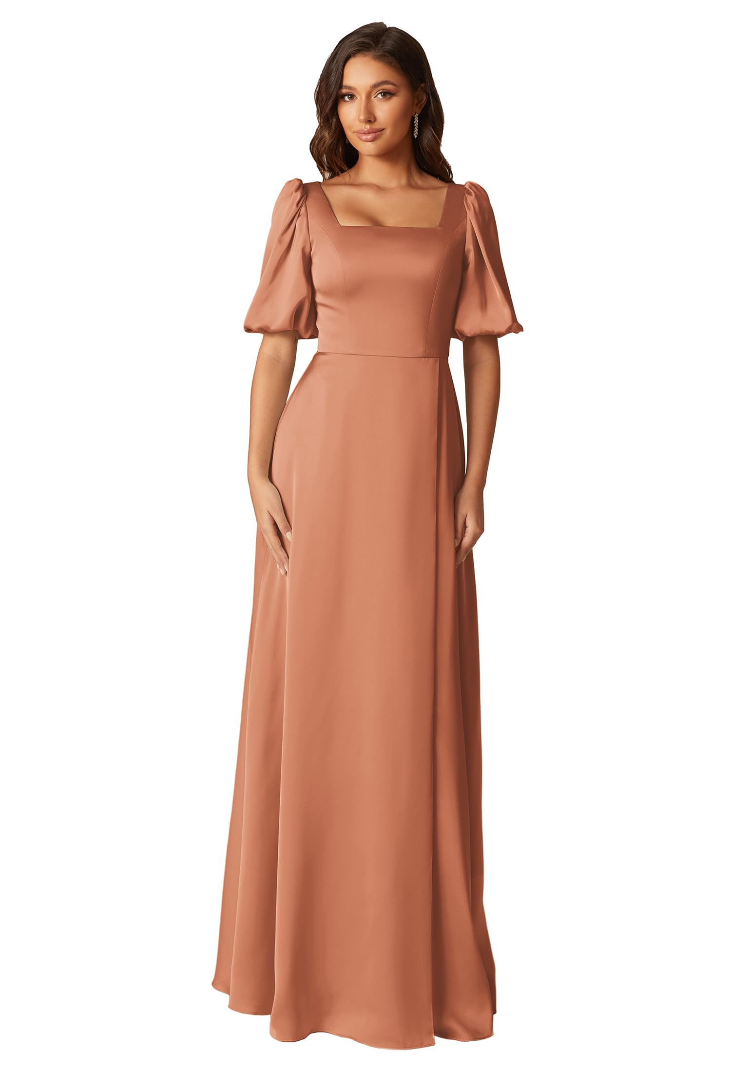 AW BRIDAL Square Neck Satin Bridesmaid Dress - Elegant Long Formal Gown with Short Sleeves for Wedding Party, Prom, Evening Events & Special Occasions