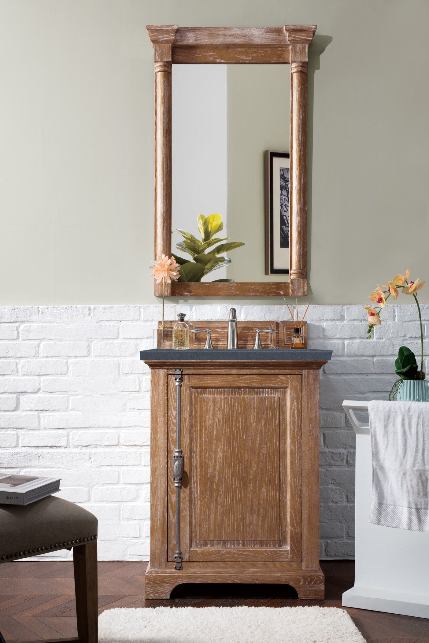 Providence 26 Inch Single Vanity Cabinet in Driftwood Finish with 3CM Charcoal Soapstone Quartz Top - Perfect for Bathroom Renovation & Modern Home Decor