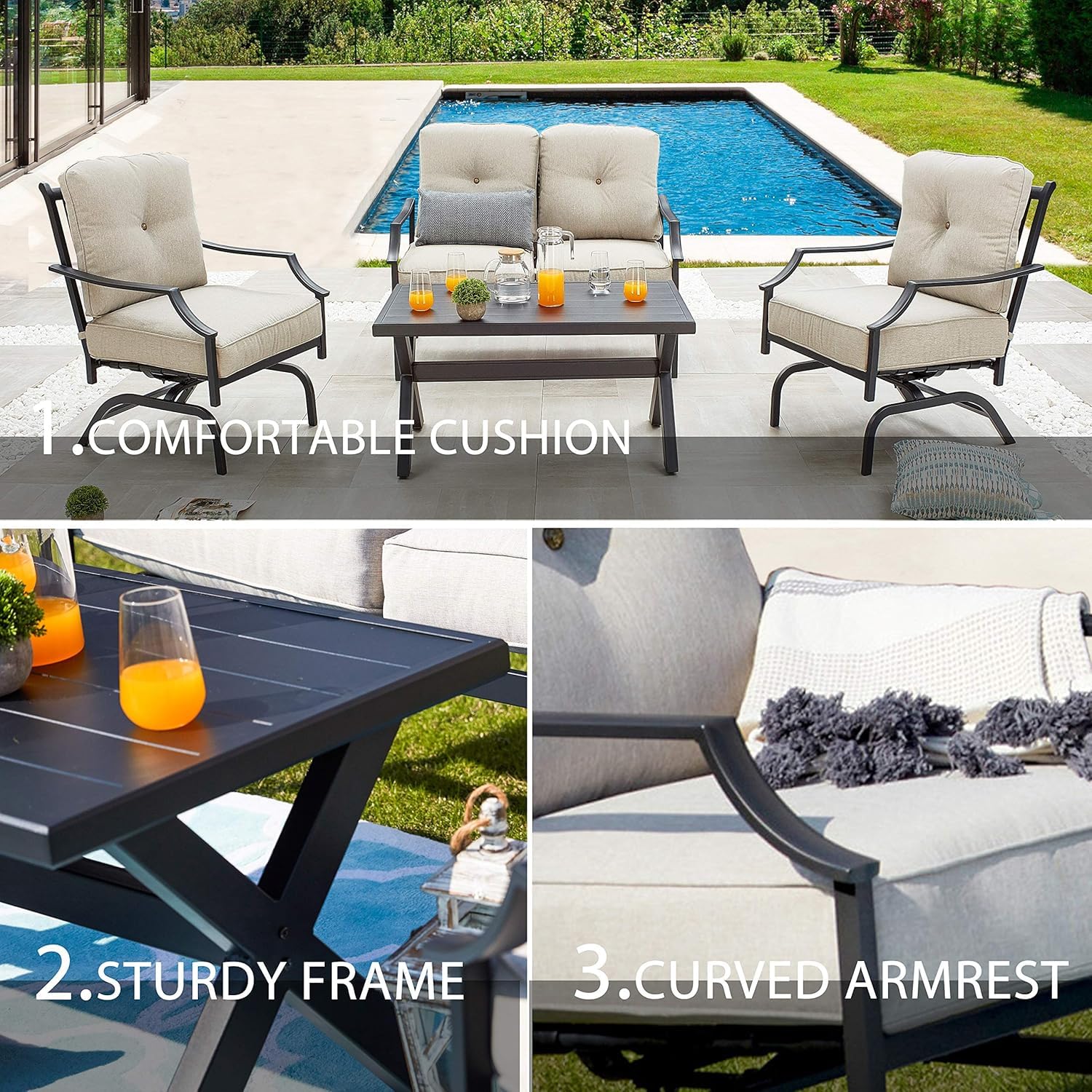 LOKATSE HOME 4-Piece Outdoor Patio Furniture Set - Beige Loveseat, 2 Single Sofas & Coffee Table for Backyard, Garden, Poolside, Balcony | Durable Weather-Resistant Conversation Set for Relaxing & Entertaining