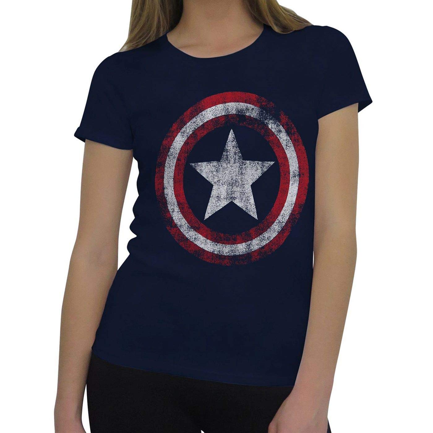 Captain America Women's Distressed Symbol T-Shirt - XSmall Blue Vintage Superhero Tee for Marvel Fans | Casual Wear, Cosplay & Comic Con Outfits