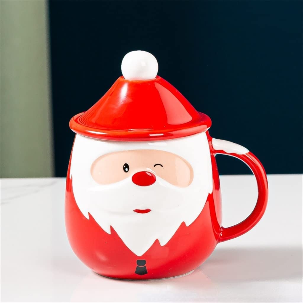 Santa Claus Ceramic Coffee Mug with Lid & Spoon - Large Capacity Insulated Christmas Themed Drinkware for Hot Cocoa, Milk & Coffee - Perfect for Holiday Gifts & Cozy Winter Mornings (Red, One Size)