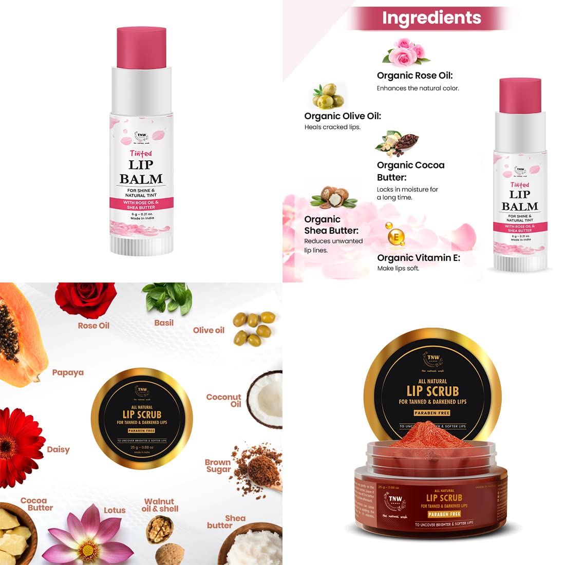 TNW The Natural Wash Lip Care Combo - Rose Tinted Lip Balm (6g) & Lip Scrub (25g) for Soft, Moisturized Lips | Exfoliates Darkened Lips, Adds Glossy Sheen | Perfect for Daily Hydration, Night Care & Makeup Prep