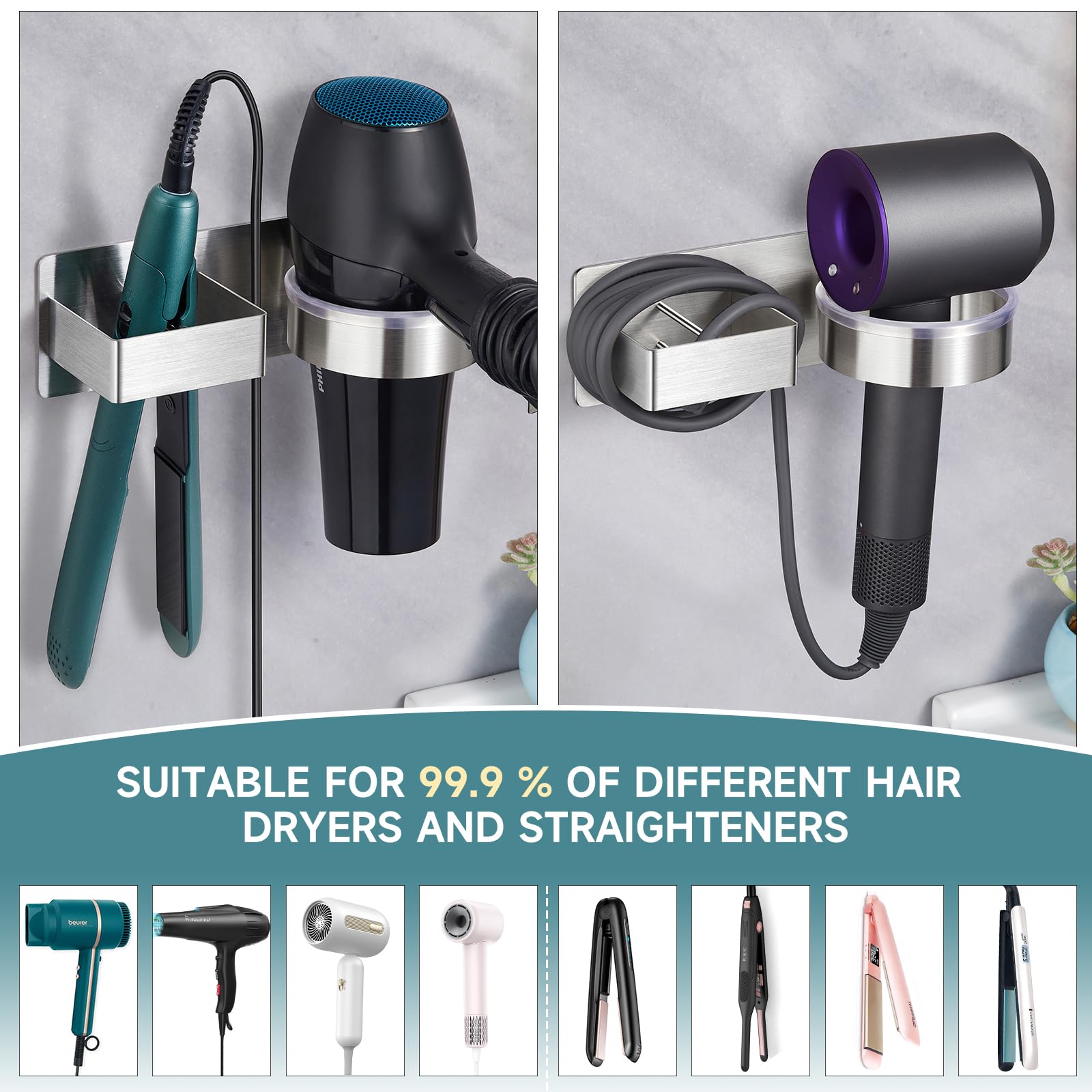 Stainless Steel Hair Dryer Holder & Hair Tool Organizer - Wall Mounted Blow Dryer Stand with Adhesive for Flat Iron, Curling Iron & Hair Styling Tools - Perfect for Bathroom, Salon & Home Organization