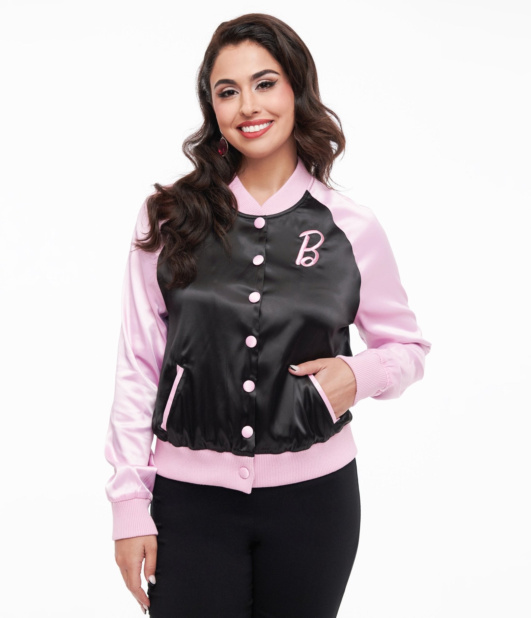 Vintage Pink & Black OG Barbie Long Sleeve Bomber Jacket for Women - Retro 90s Inspired Fashion Outerwear - Perfect for Casual Wear, Cosplay & Barbie Themed Parties