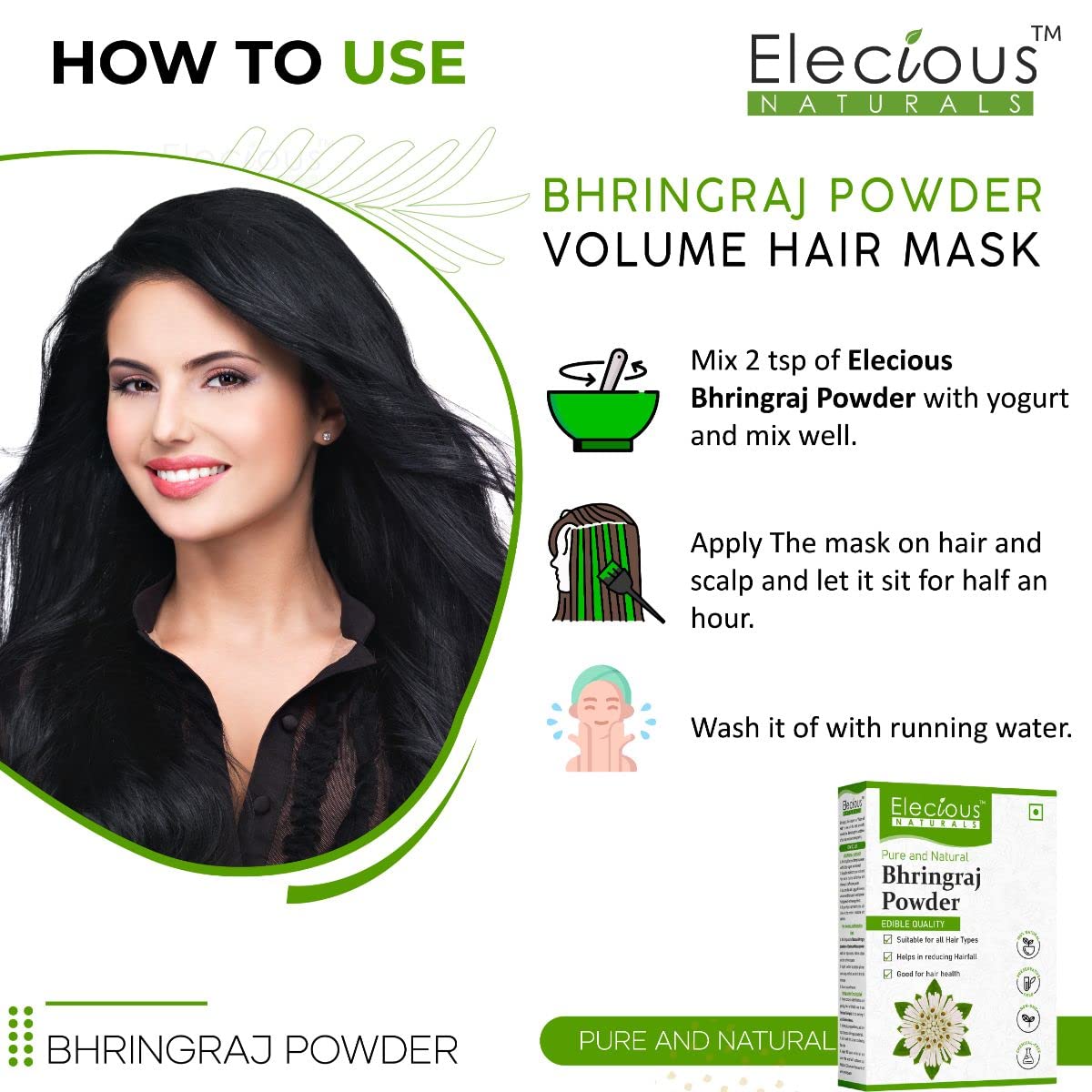 Elecious Pure Bhringraj Powder for Hair Growth & Consumption - 200g | 100% Natural, Preservative-Free | Ideal for Hair Masks, Oils & Dietary Supplement | Promotes Healthy Hair & Scalp