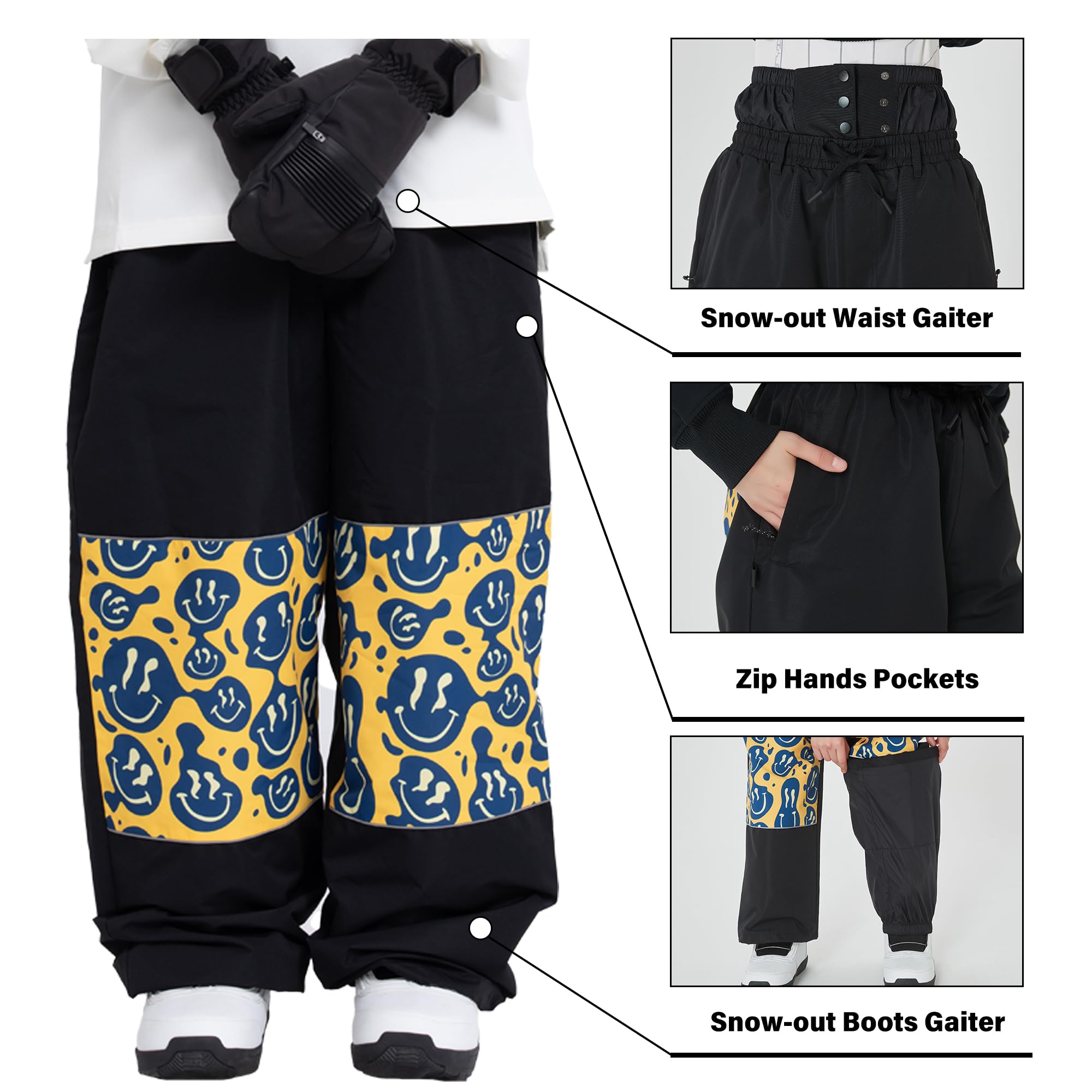 SNOWVERB Waterproof Ski & Snowboard Pants for Women & Men - Reflective Cargo Pants with Graphic Panels, Loose Fit for Comfort - Perfect for Skiing, Snowboarding & Winter Outdoor Activities