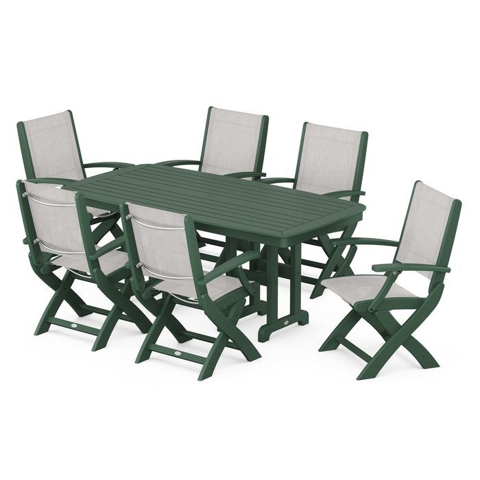 POLYWOOD Coastal Folding Arm Chair 7-Piece Outdoor Dining Set - Perfect for Patio, Deck, Poolside & Beachfront Entertaining