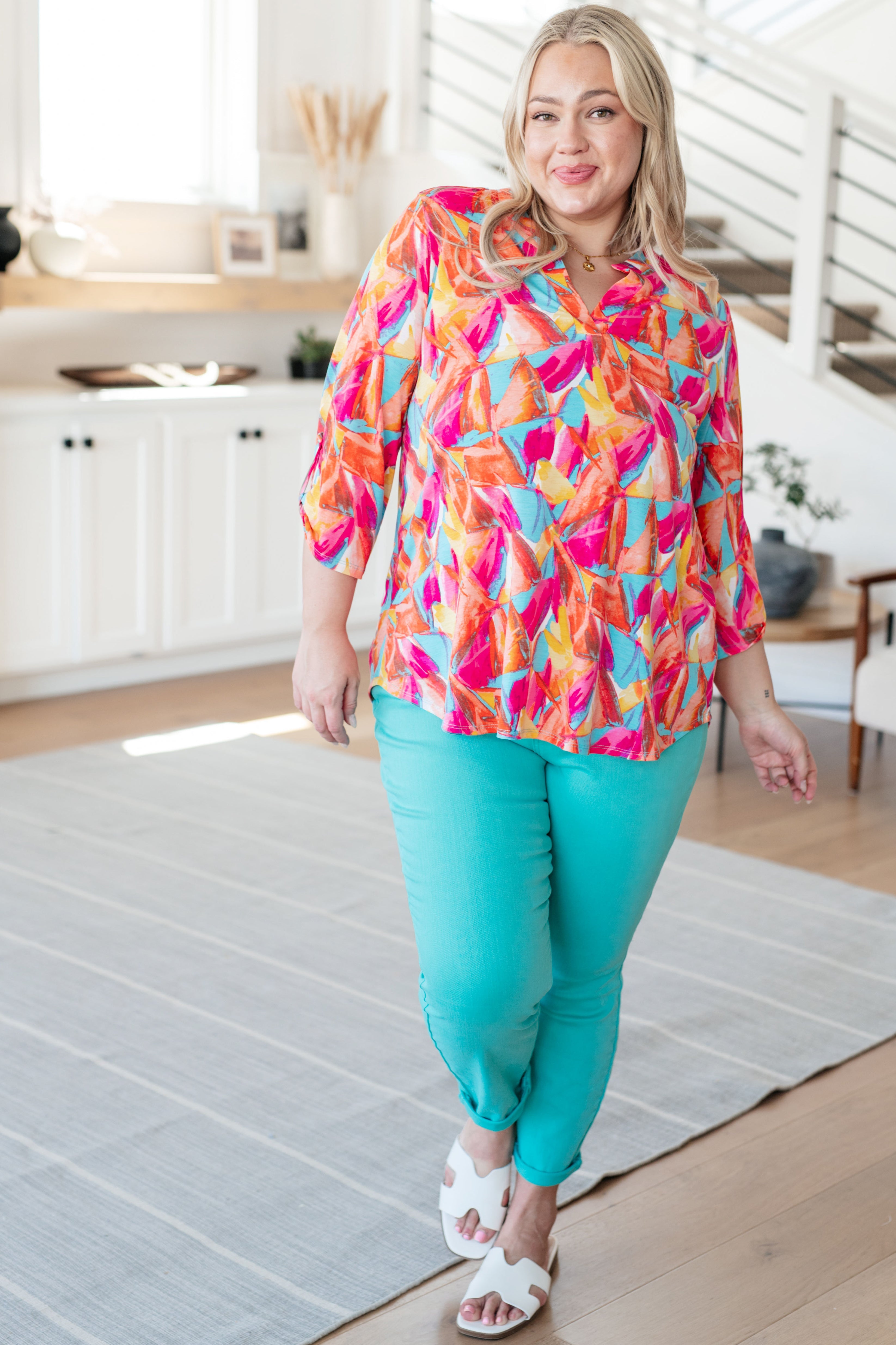 Lizzy Women's Teal & Hot Pink Abstract Fan Print Top - Stylish Casual Blouse for Summer Outings, Beach Vacations & Date Nights