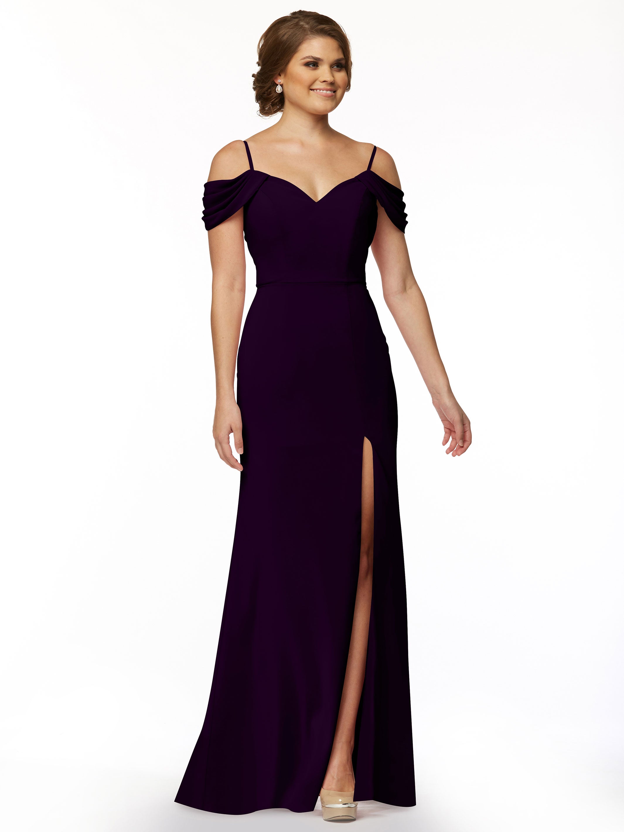 Elegant 83029 Fitted Stretch Chiffon Off-The-Shoulder Bridesmaid Dress with High Slit - Perfect for Weddings, Prom & Formal Events