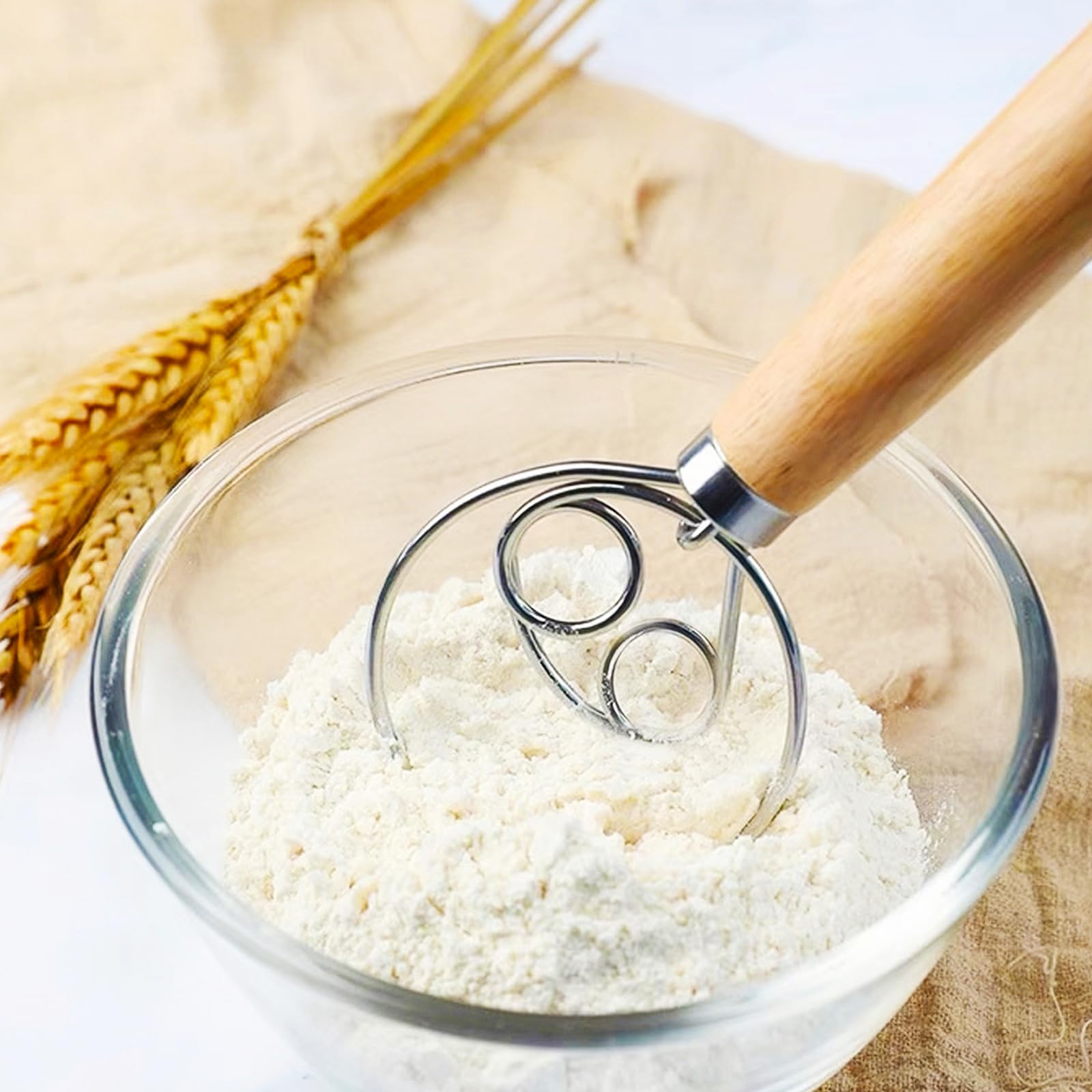 2-Pack Danish Dough Whisk Set - Stainless Steel Bread Mixer with Wooden Handle for Sourdough, Pizza, Pastry & Biscuits - Perfect for Home Bakers & Professional Baking Supplies (Ideal for Bread Making, Cake Mixing & Dough Preparation)