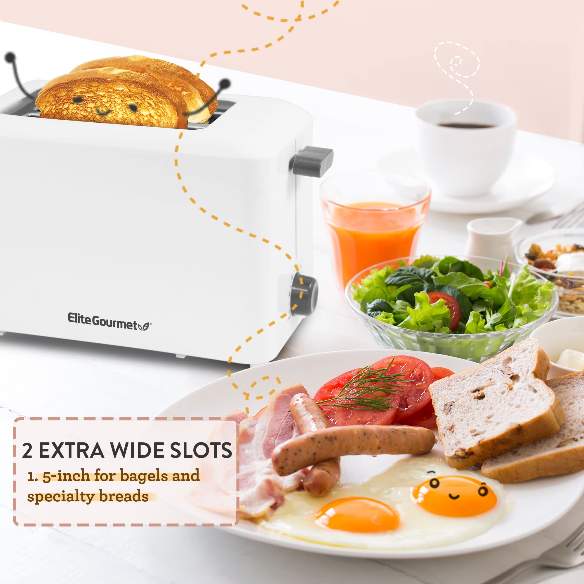 Elite Gourmet ECT-1027 Cool Touch 2-Slice Toaster with 7 Browning Settings - Extra Wide 1.5