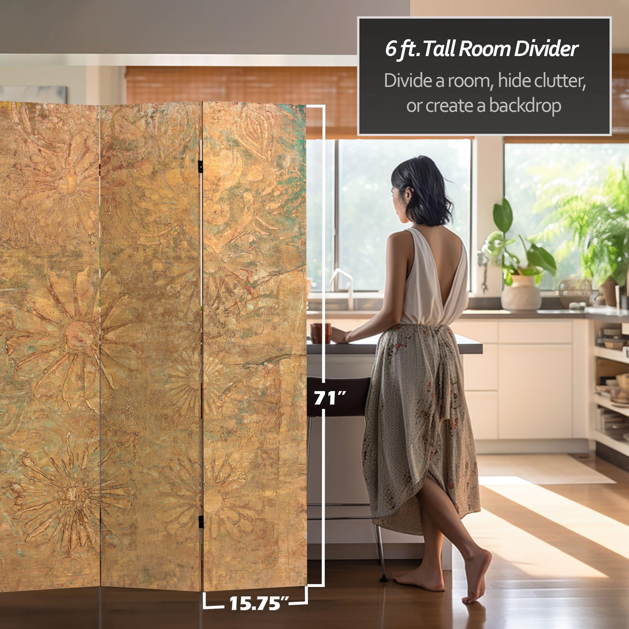 6 ft Tall Red Lantern Radiant Reflections Canvas Room Divider with Gilded Flowers - Asian Inspired Home Decor for Living Room, Bedroom & Office Partition
