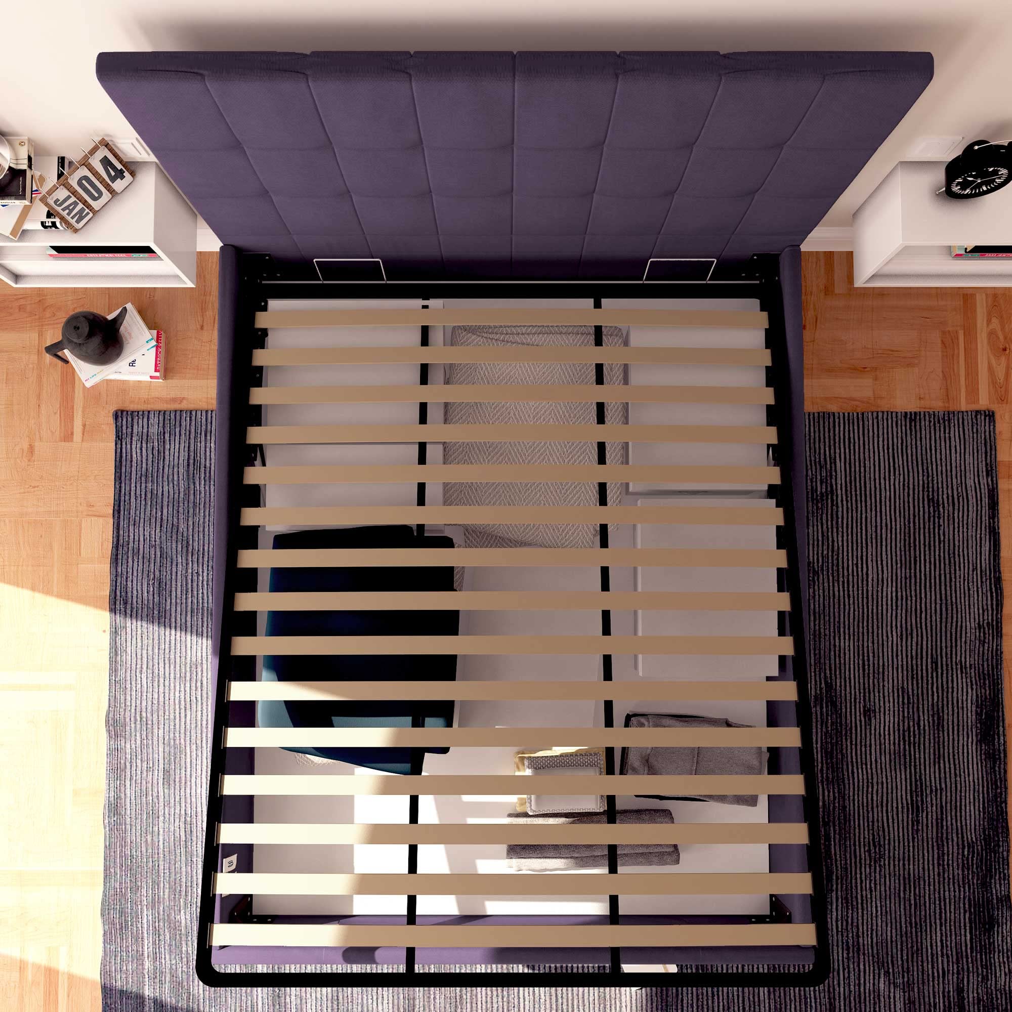 Baldiflex Dublin Fabric Double Bed Frame with Slatted Base and Storage, 180x200cm, Elegant Purple Headboard - Perfect for Small Bedrooms, Guest Rooms & Modern Home Decor