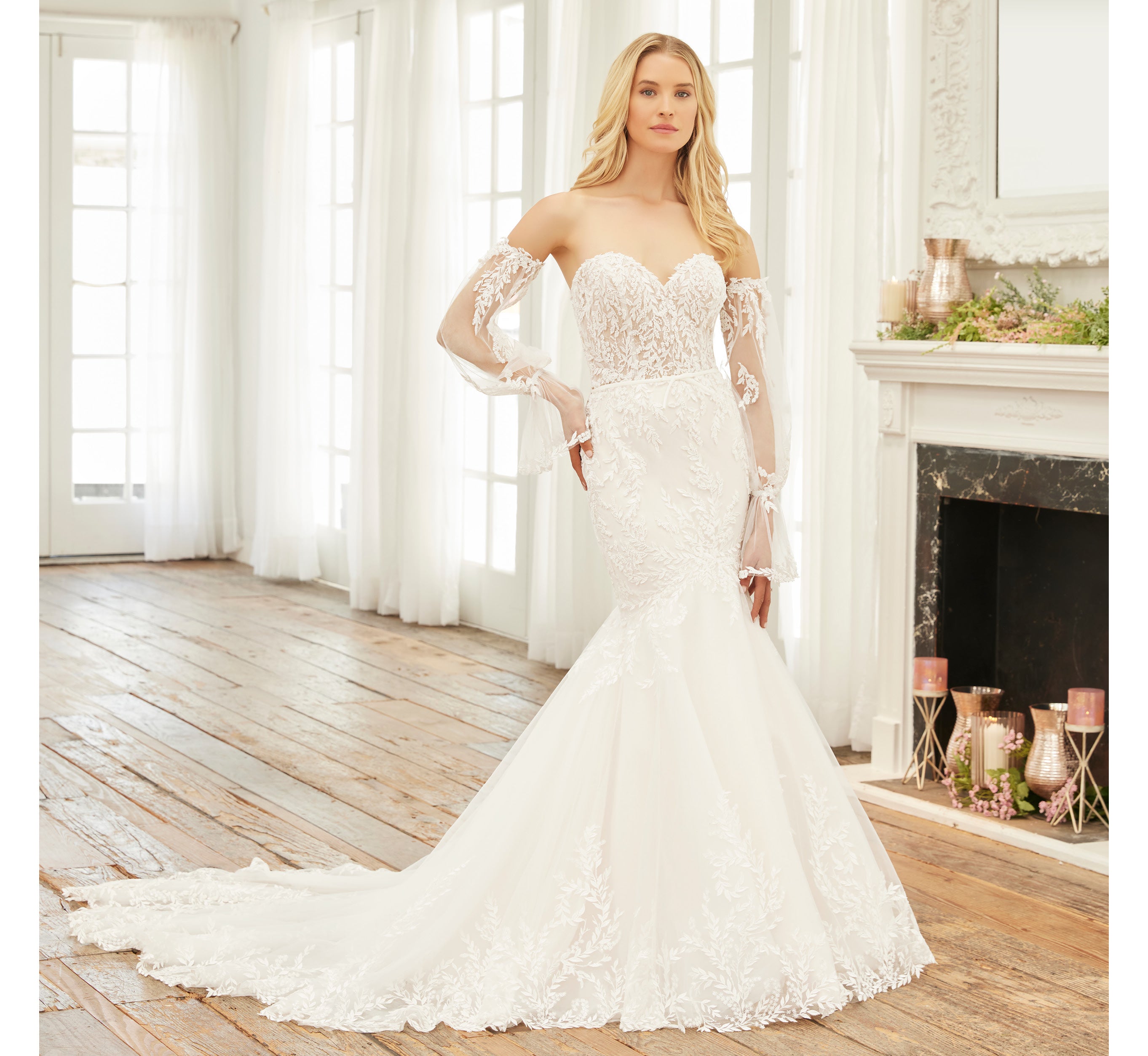 Ivory Almond Nude Lace and Tulle Mermaid Wedding Gown with Detachable Long Sleeves & Waist Belt - Perfect for Beach, Church, and Formal Evening Weddings