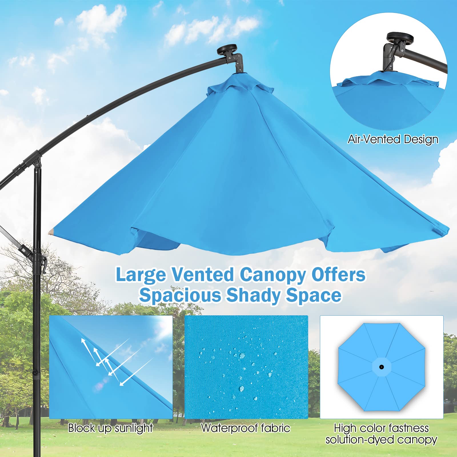 Giantex 10 Ft Solar Powered LED Patio Umbrella with 8 Ribs & Tilting Adjustment - Heavy Duty Cantilever Offset Umbrella for Pool, Garden, and Outdoor Relaxation