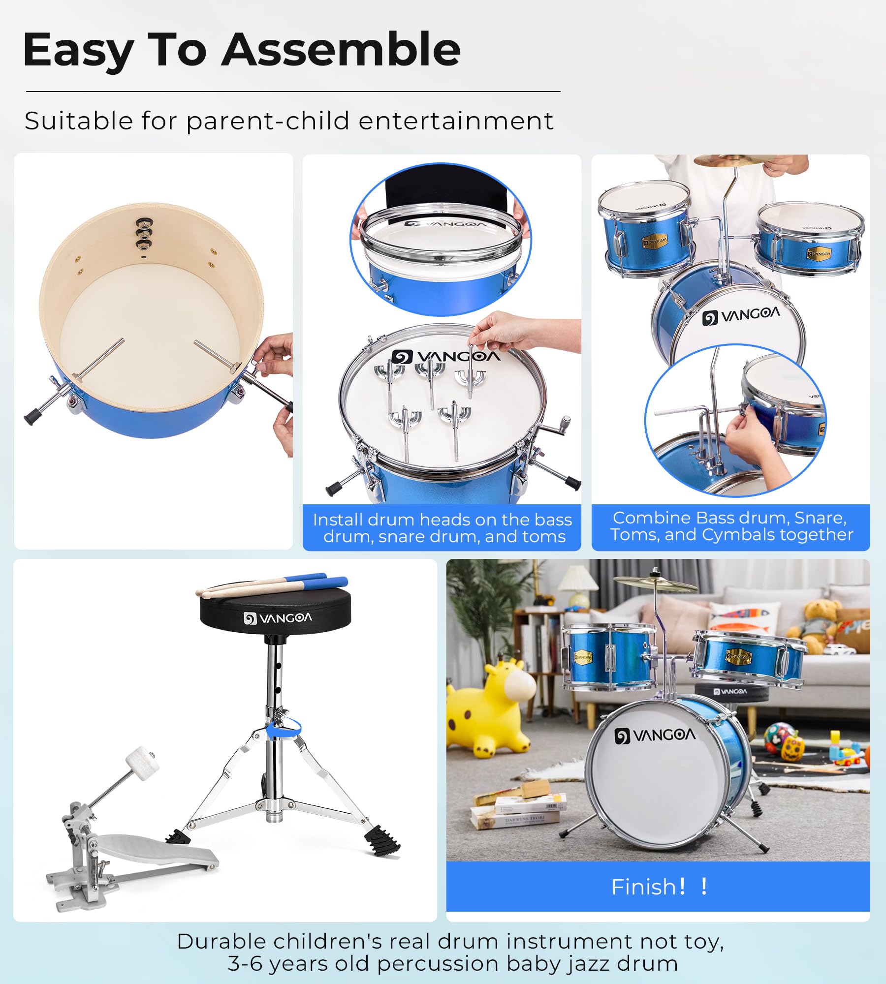 **14 Inch Kids Drum Set - 3 Piece Beginner Drum Kit for Boys & Girls with Adjustable Throne, Cymbal Pedal & Drumsticks (Blue) - Perfect for Home Play, Birthday Gifts & Music Learning**