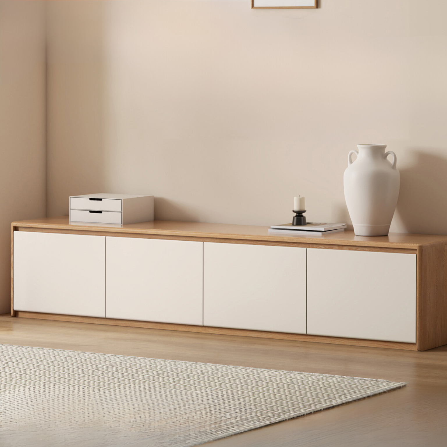 Solid Oak Wood Modern White Integrated Log Floor TV Stand - Stylish Storage for Living Room, Bedroom & Home Theater