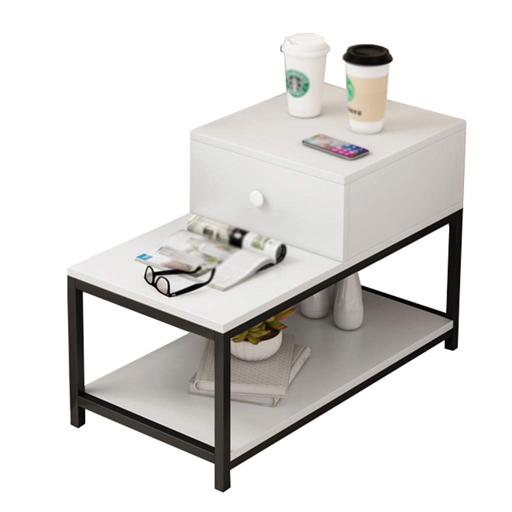 LQ 2-Tier Metal Coffee Table with Drawer - White Modern Side Table for Living Room, Balcony, Small Apartment - 35.4