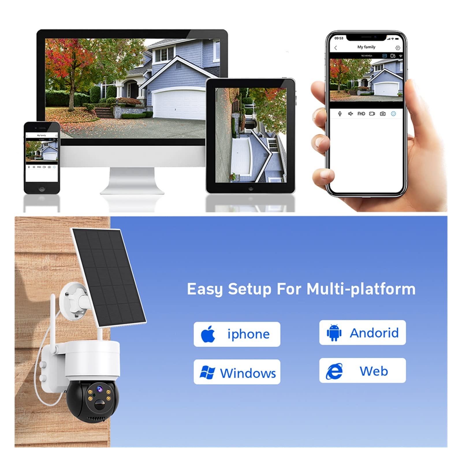 SilteD Solar Security Camera Outdoor - 1080P HD Wireless WIFI PTZ Surveillance with PIR Human Detection, 2MP Solar-Powered Battery Camera (No SD Card Included) - Ideal for Home, Yard, and Business Security Monitoring