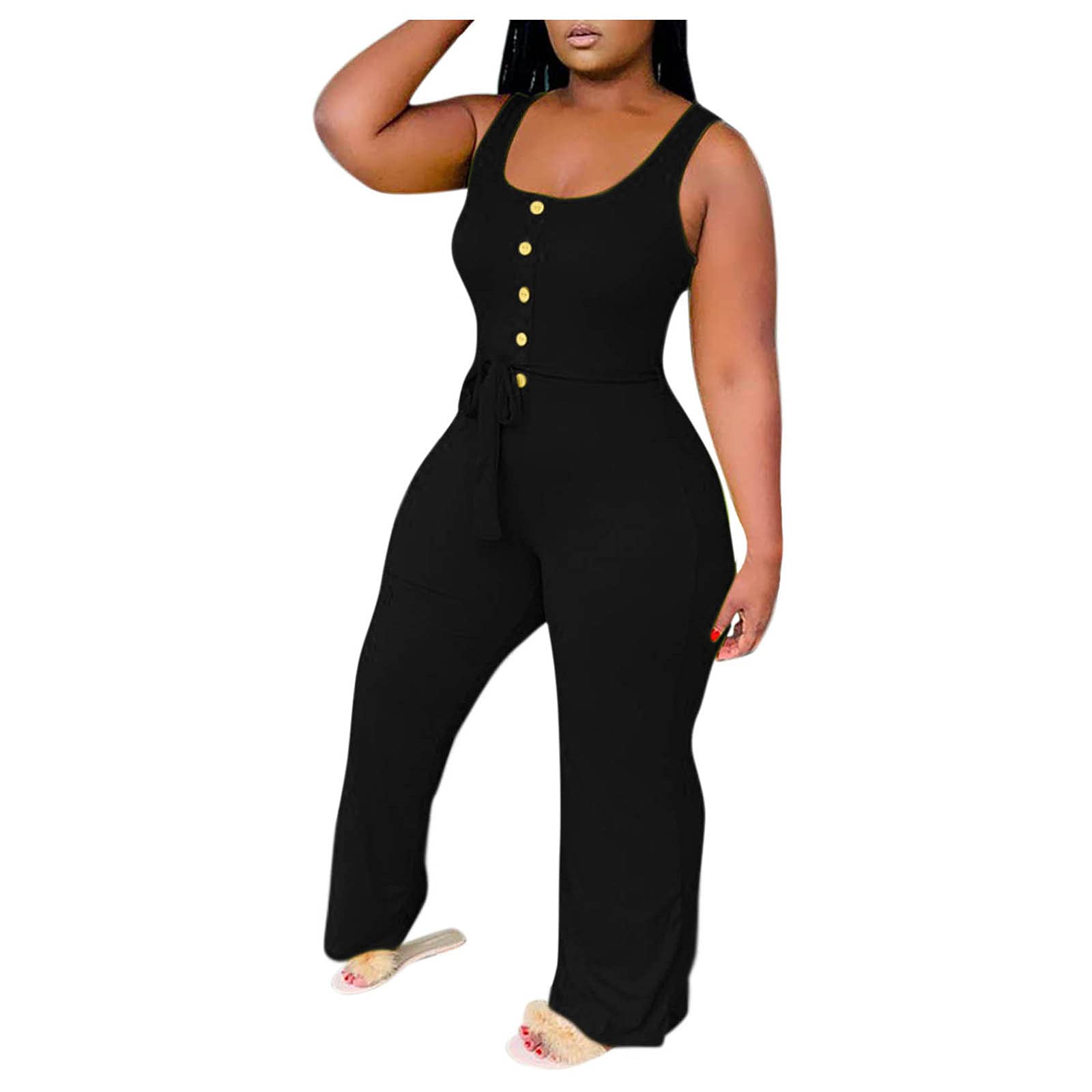 iOPQO Women's Summer Jumpsuit - Wide Leg Casual Romper with Stitching Detail | Sleeveless & Long Sleeve Options | Sexy Fashion Outfit (Black, XXL) for Beach, Party & Date Night
