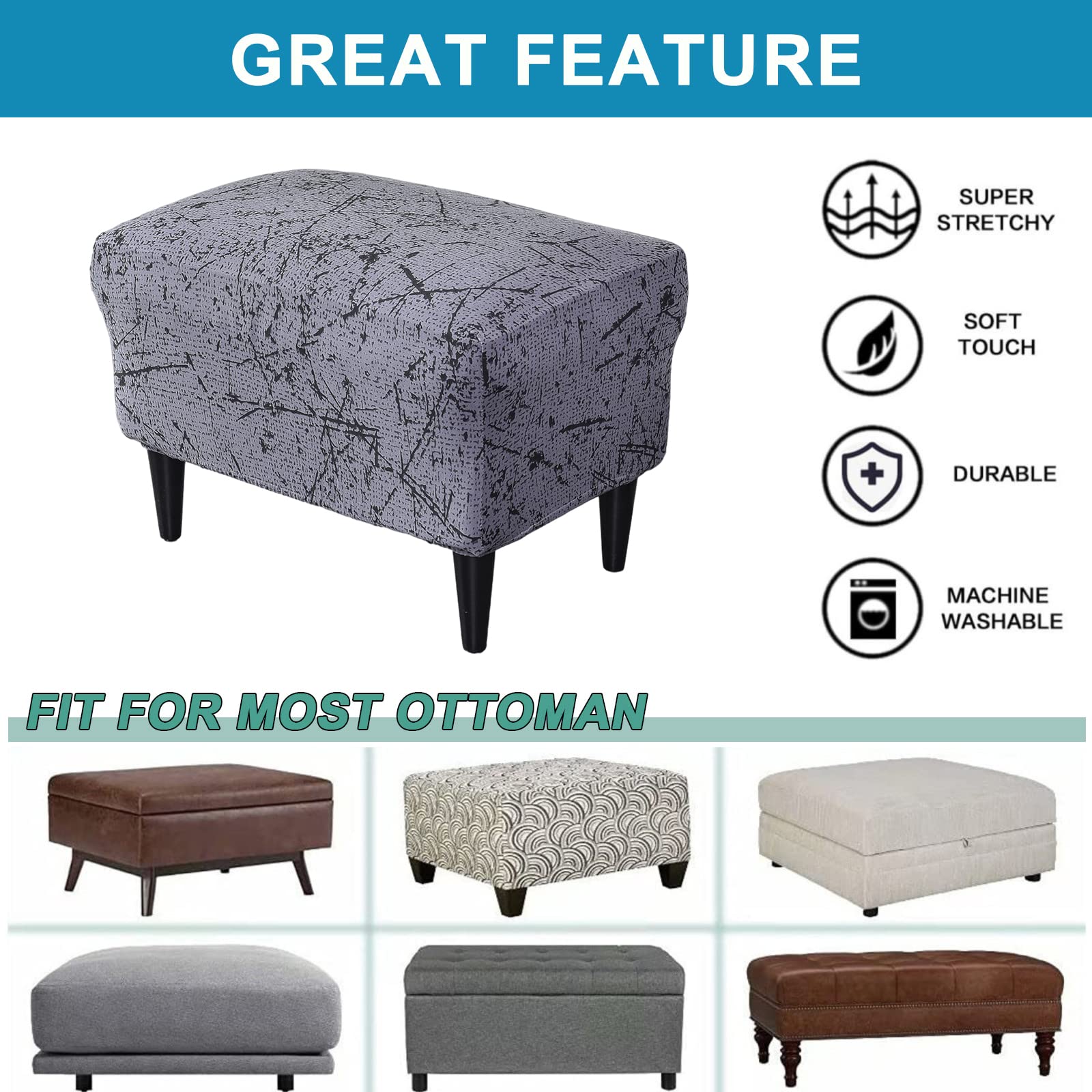 CRFATOP X-Large Ottoman Chair Cover - Stretchable Printed Rectangle Storage Stool Slipcover with Elastic Bottom (22
