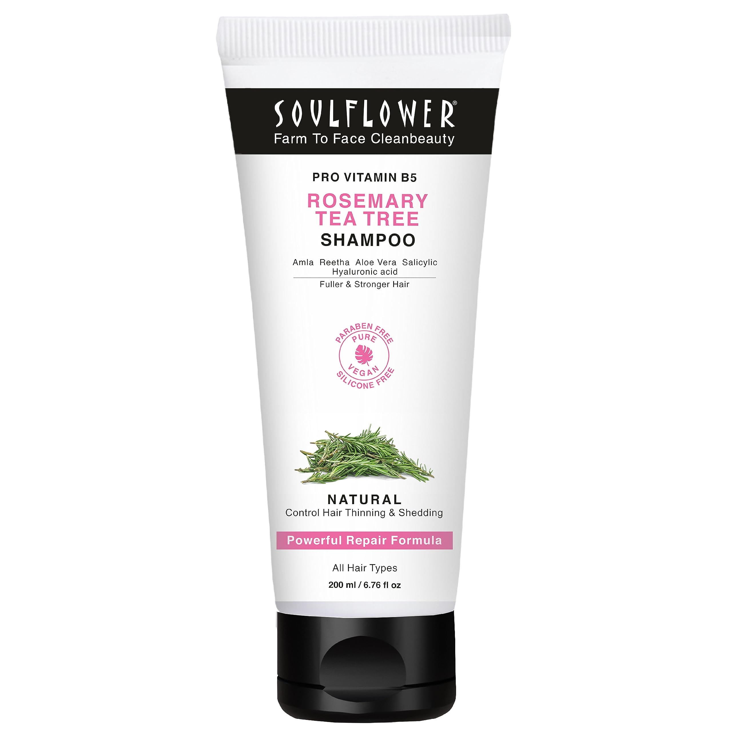 Soulflower Rosemary Shampoo for Hair Growth & Anti Hair Fall - Strengthens & Shines Hair with Tea Tree & Pro Vitamin B5 - Promotes Healthy Scalp for Men & Women (200ml) - Perfect for Daily Hair Care & Scalp Nourishment