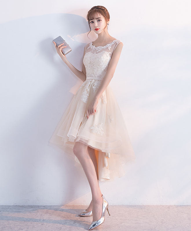 Elegant Champagne Tulle Lace Short Prom Dress with High-Low Hem - Perfect for Evening Parties, Homecoming Dances & Special Occasions